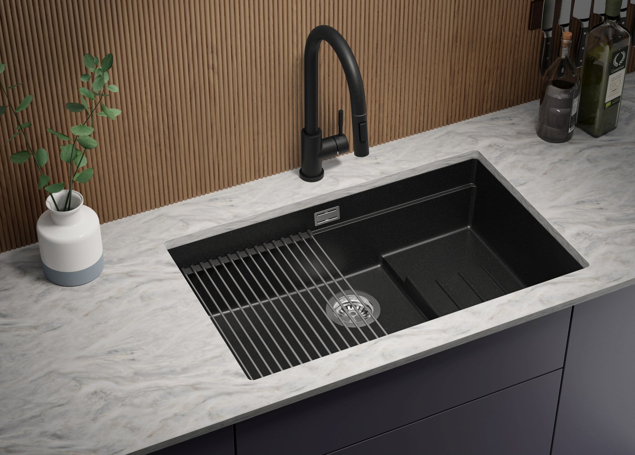 Lavandino sottotop Nero 76x47cm, Lavello in Granito a 1 vasca + Sifone Classico + Accessori, Lavabo da Cucina al mobile 80cm - Prague PRIMAGRAN - 2