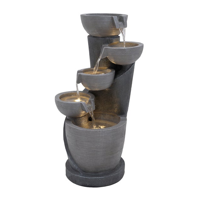 Fontaine de Jardin Cascade Électrique Extérieure Polyresine Gris 4 Lumières LED Blanc Chaud Pompe à Brancher Câble 7 m
