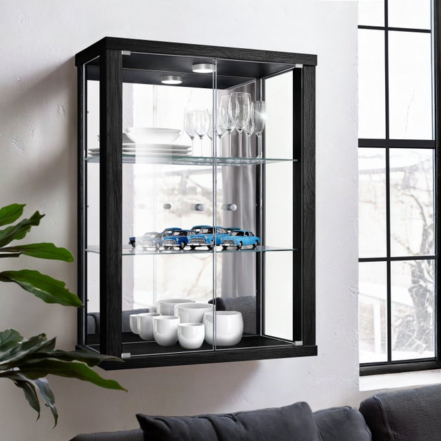 K-Möbel Wisząca witryna szklana w kolorze czarnym (80x60x25 cm) z LED i lustrem