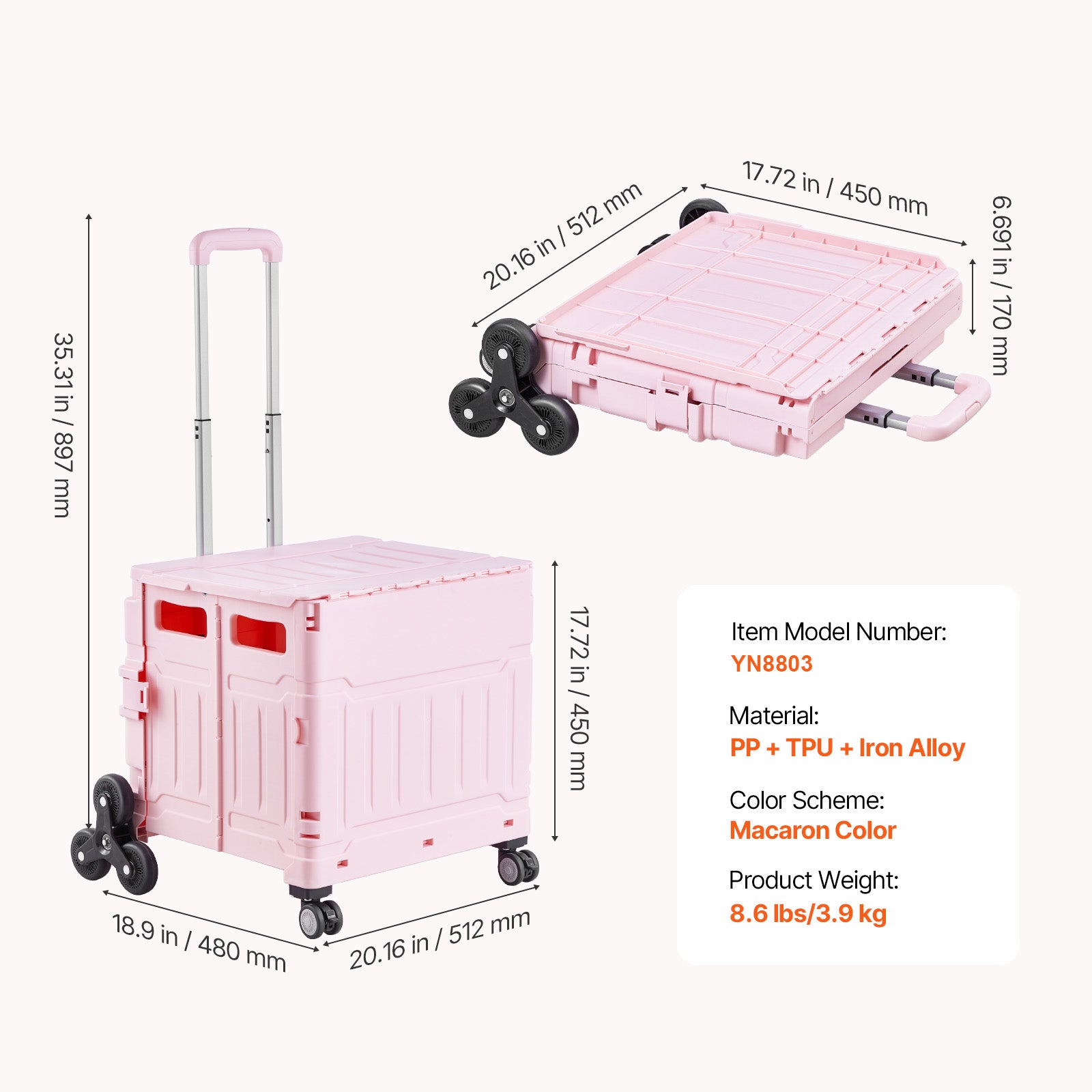 Carrinho utilitário dobrável,SucceBuy carrinho portátil dobrável rodinhas 65 L. Equipado com rodízios para subir escadas e rodízios giratórios 360° - 9
