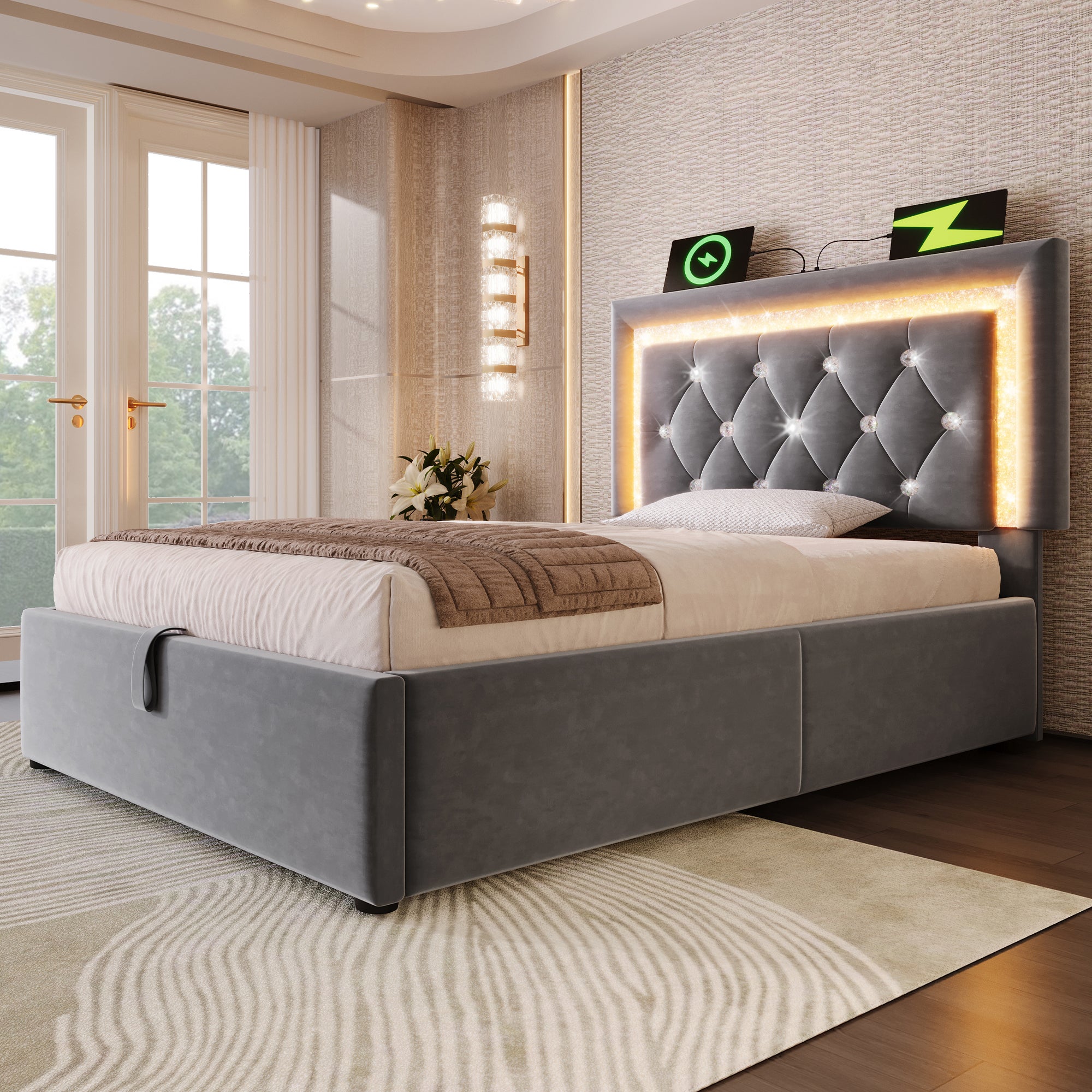 Łóżko z pojemnikiem na pościel 90 x 200 cm i zagłówkiem - Tkanina aksamitna - Diody LED - Porty USB i typu C - Szare (Materac nie jest dołączony) - 8