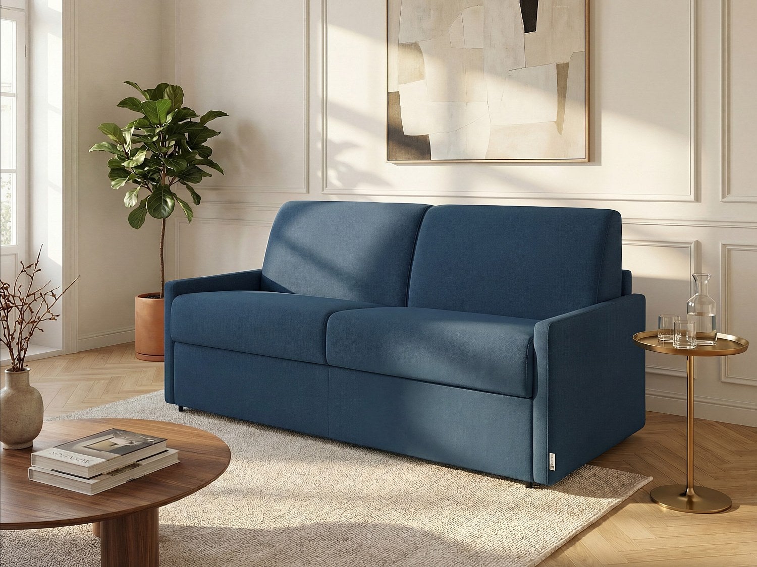Kanapa 4-osobowa z ekspresowym mechanizmem rozkładania z tkaniny CALIFE - Kolor: granatowy - Wymiary miejsca do spania: 160 cm - Materac 22 cm z pamię