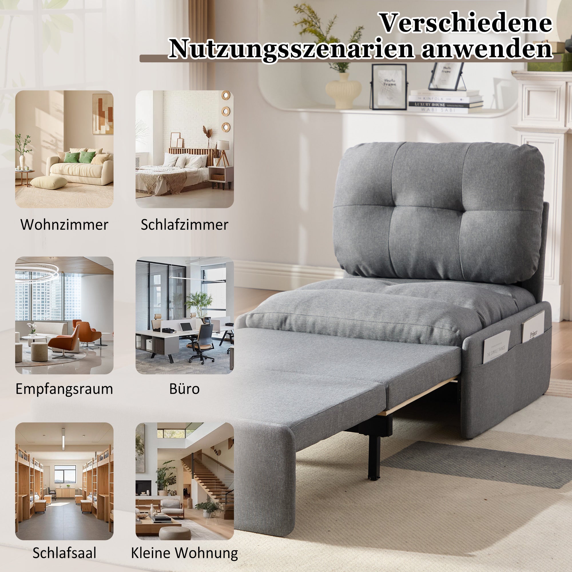 Sofa 2 w 1 z łóżkiem lnianym i metalowymi nogami – 81,5 x 92/195 x 90 cm – kieszenie do przechowywania – szara - 9