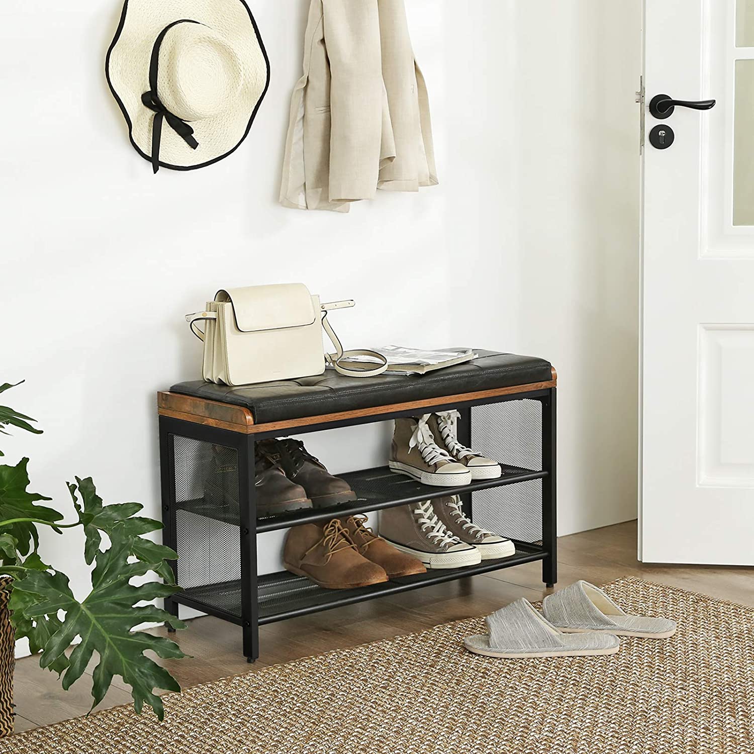 Banc À Chaussures, banquette Rembourrée Avec Étagères En Maille, marron Rustique - 2