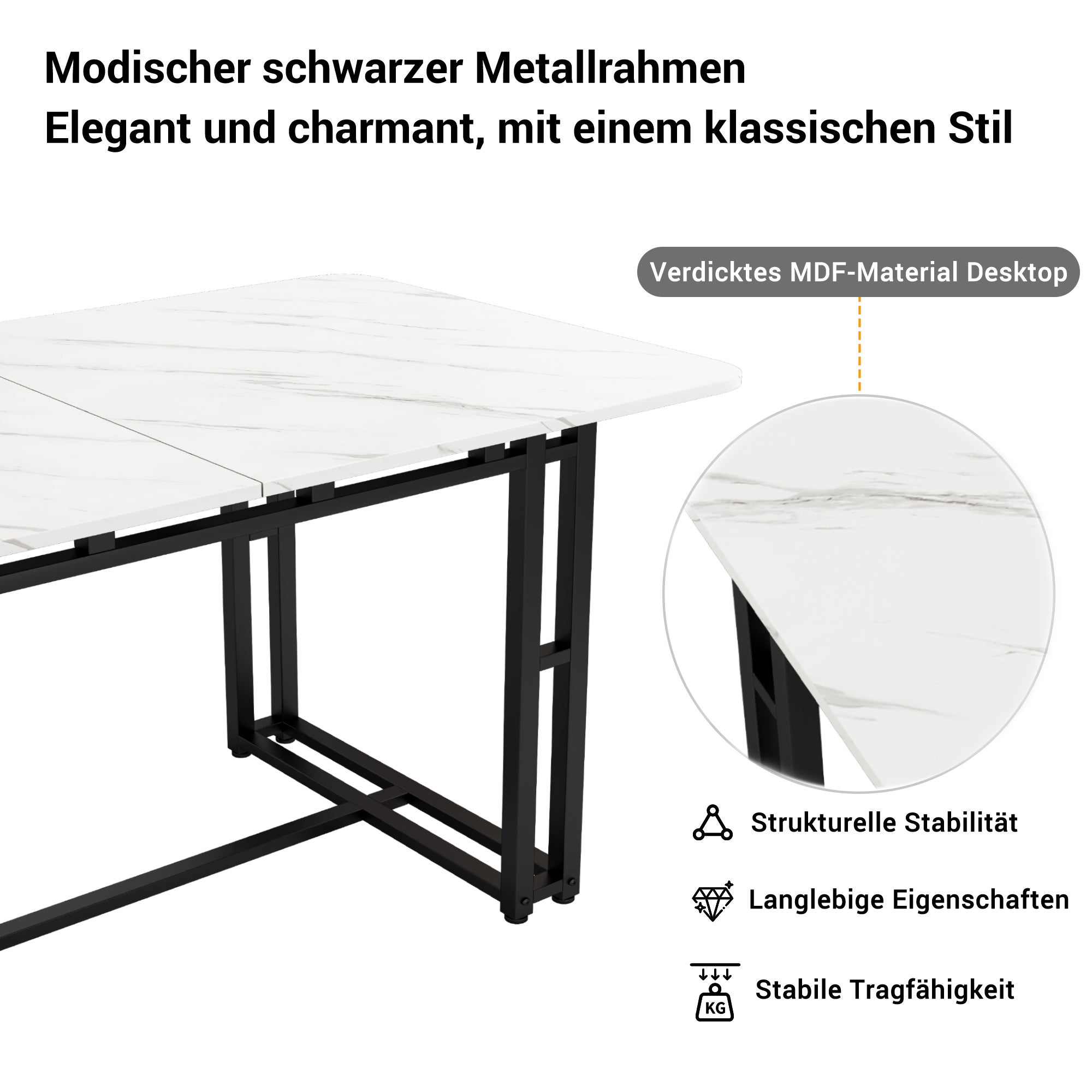 Mesa de comedor para 6 a 8 cubiertos con diseño de mármol - MDF + patas de metal negro - blanco - 8
