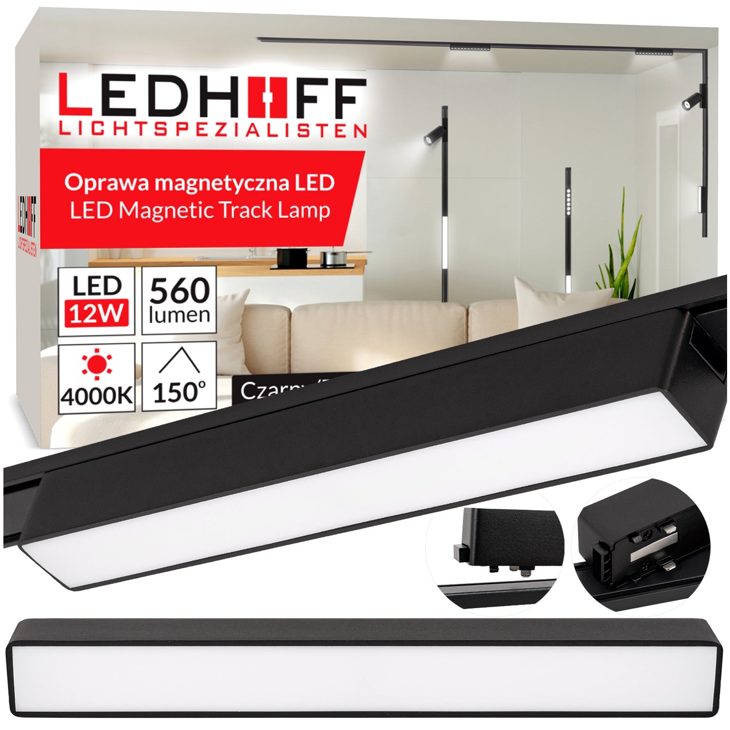 Zestaw oświetlenia szynowego LED Czarny system magnetyczny szyna 1m + 2 lampy LED NEUTRALNA barwa 4000K LEDHOFF