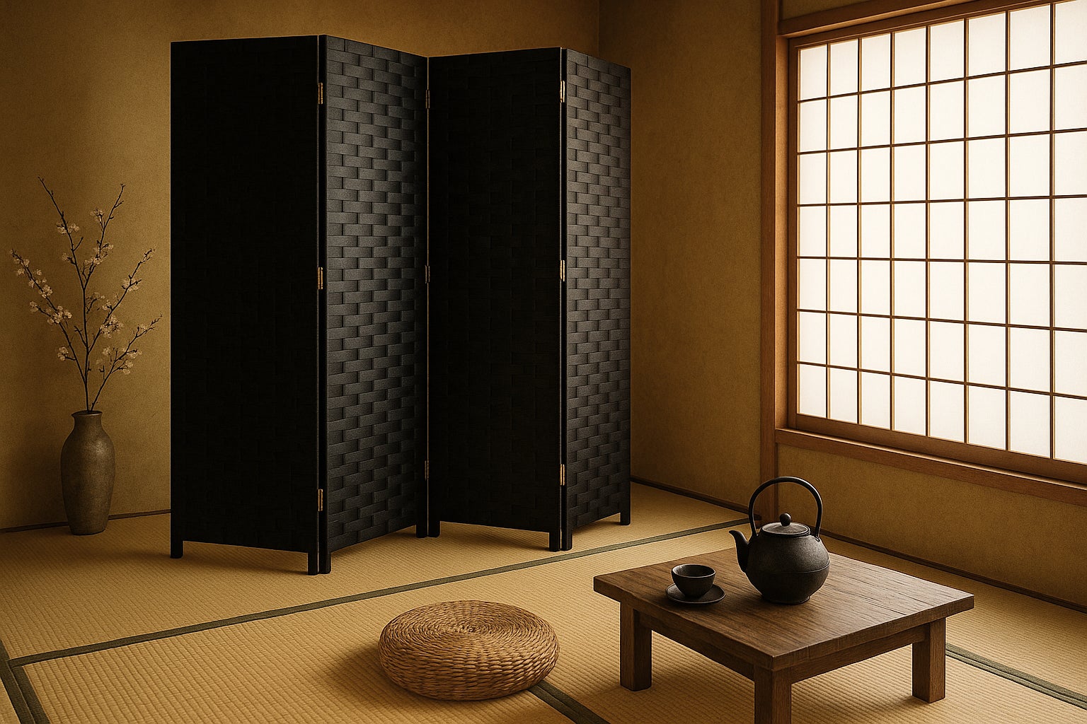 Paravent De 5 Pans Tressé En Fibres Naturelles Coloris Noir - Dim : H180 X L225 Cm - 2