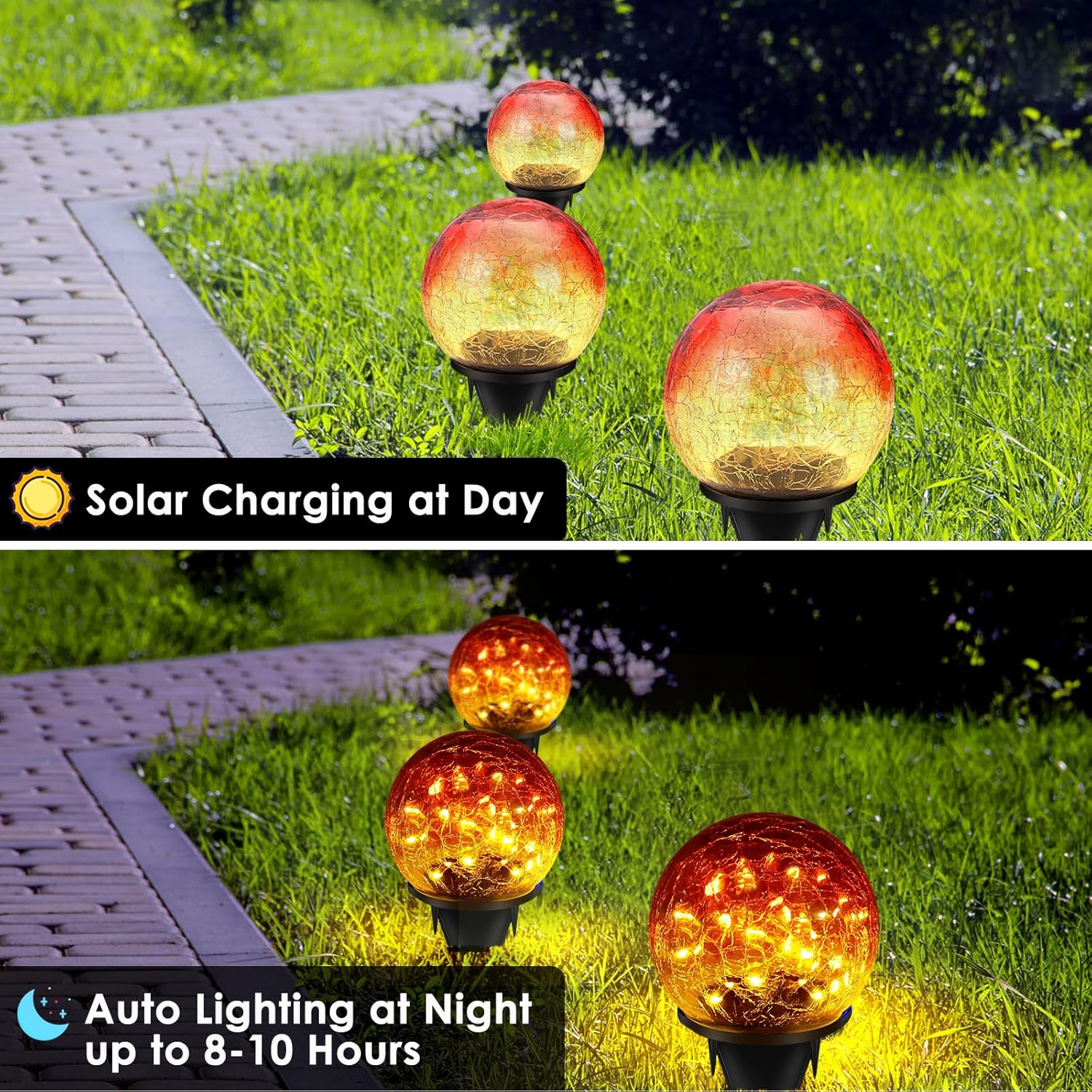Lot de 2 lampes solaires de jardin, 30 LED en verre craquelé, étanches, pour décoration extérieure de Noël, allée, patio，12cm，rouge - 3
