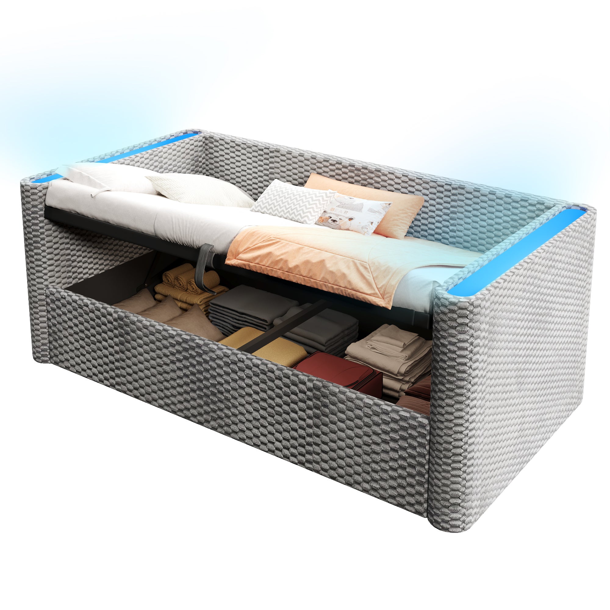 Rozkładana sofa z pojemnikiem 90x200 cm - z oświetleniem LED - stelaż lamelowy - welur - szary (materac nie jest wliczony w cenę) - 6
