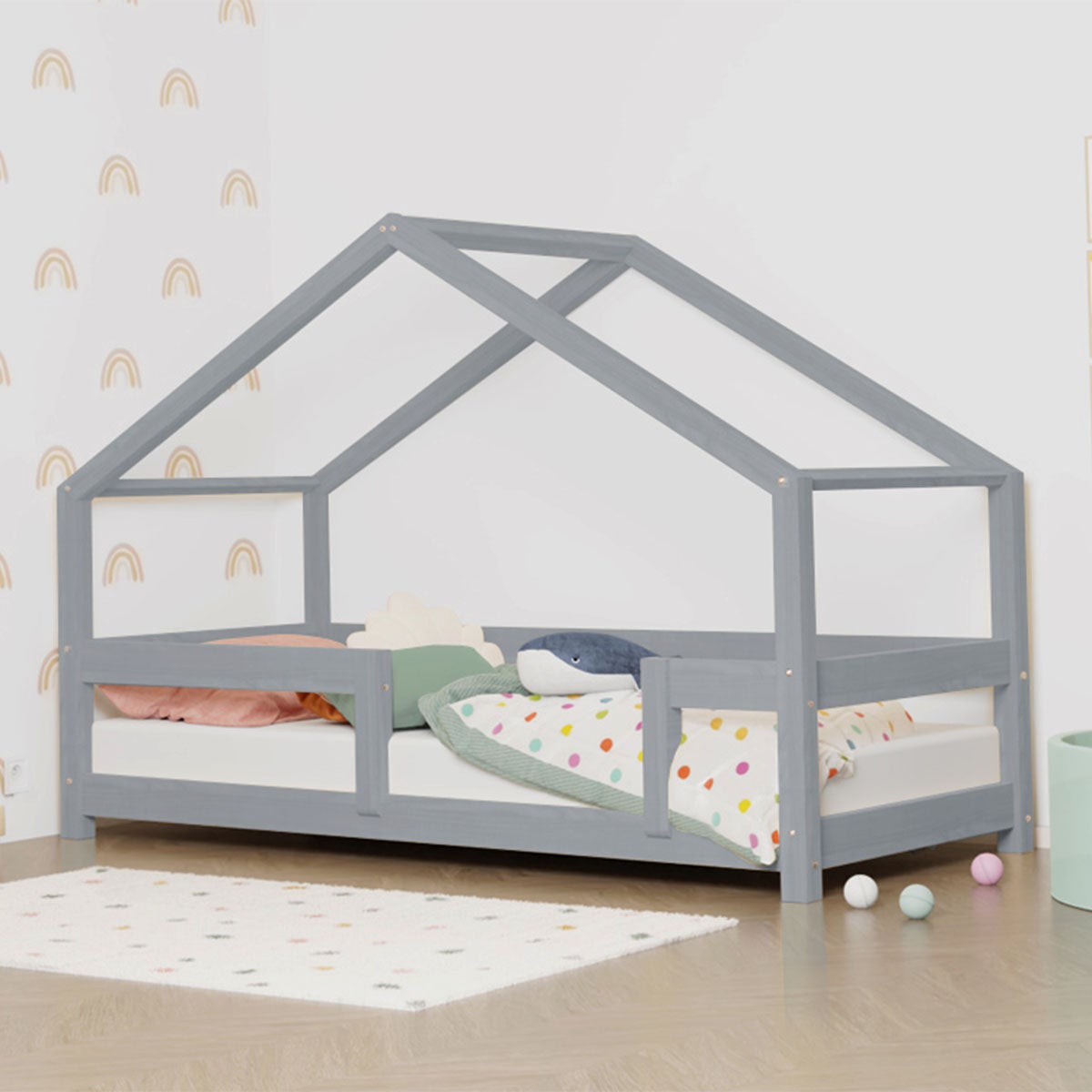 Lit Cabane Enfant 140x200 Avec Barrières De Sécurité Et Tables De Chevet - Pin Gris/blanc - Sans Matelas - 3