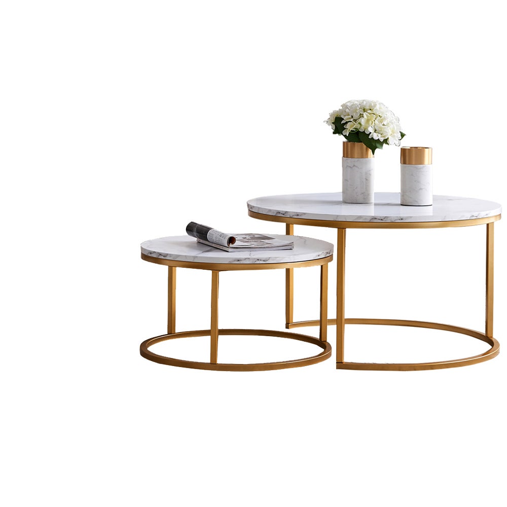 DreamMespace Lot de 2 Tables Basses Gigognes 80/60 cm - Effet Marbre Blanc et Pieds Métal Doré, Modulable - 6