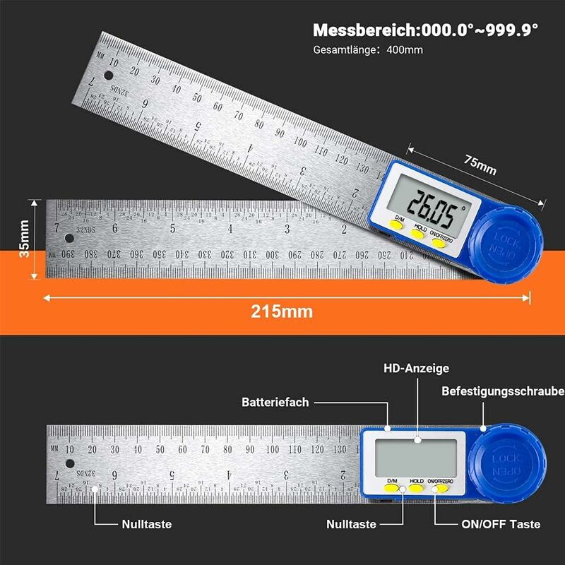 Rapporteur d'Angle Numerique,Règle d'Angle Inoxydable pour Menuisier et Fausse Equerre ,Plage de Mesure 360°,Règle en Acier pour Travaux de Bois - 4