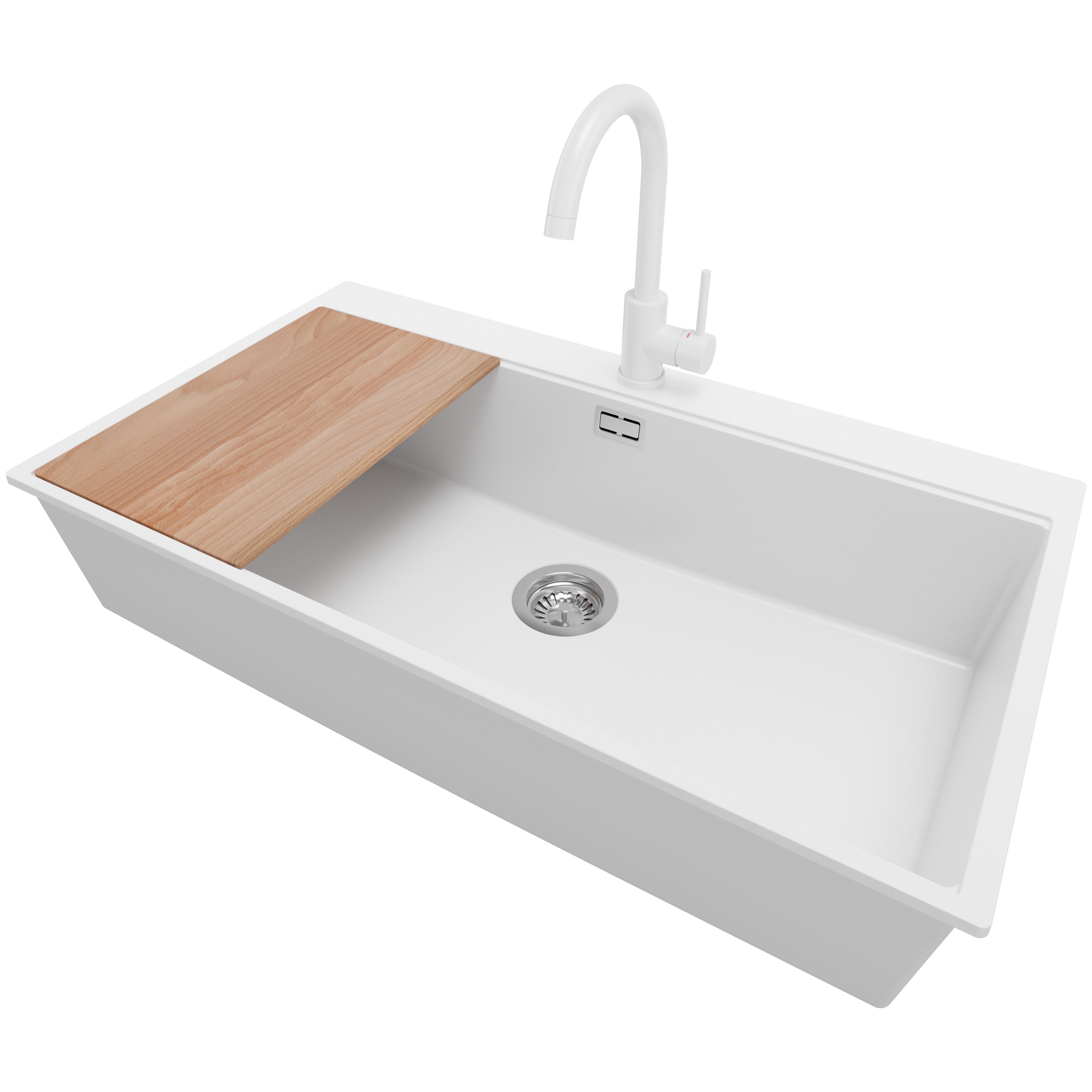 Zlewozmywak Granitowy Biały 88x50cm, Zlew Kuchenny 1 Komorowy + Bateria 32x20cm + Syfon + Deska, Nablatowy do szafki od 90cm - Oslo PRIMAGRAN