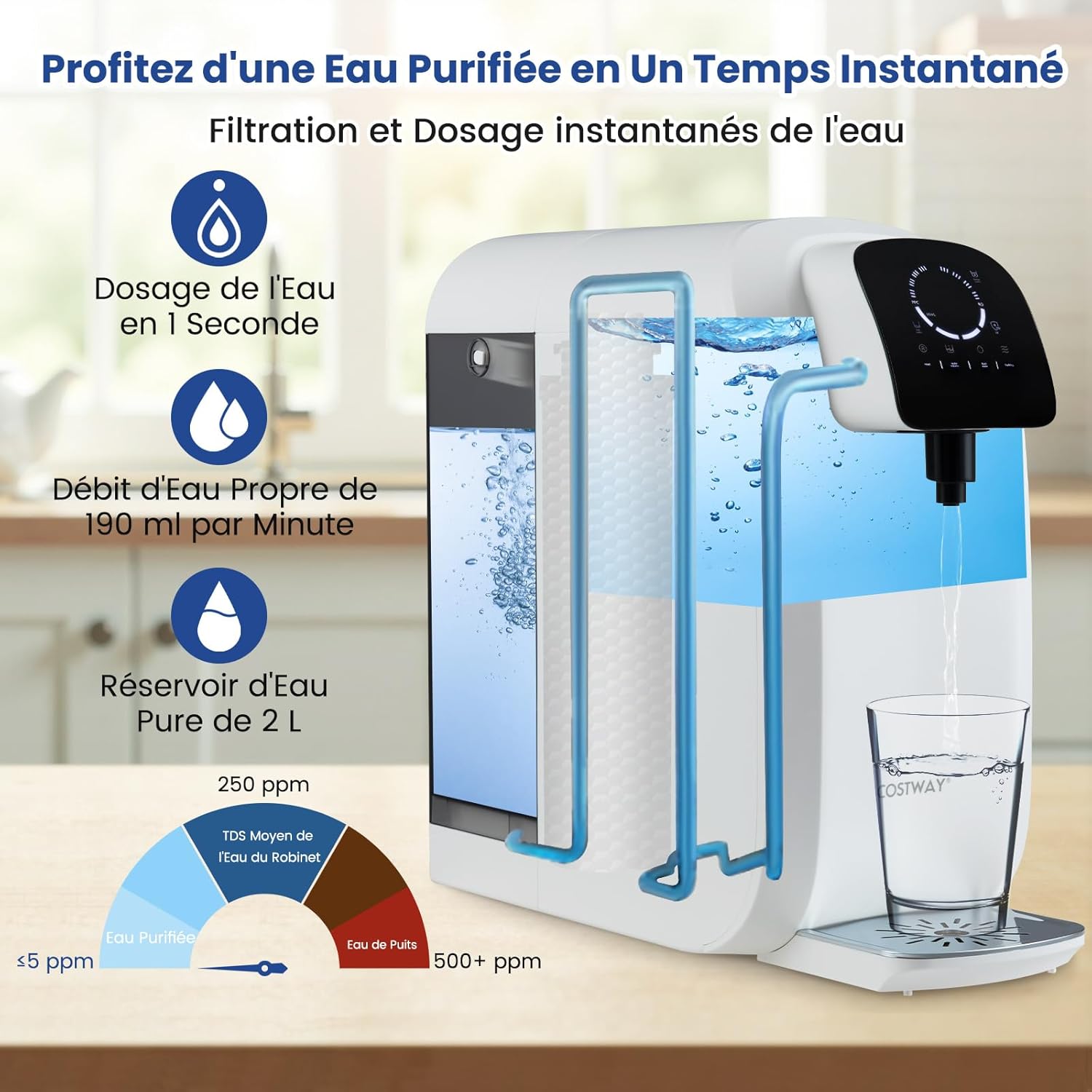Purificador de água com sistema de osmose inversa para bancada, distribuidor de água com UV, 4:1 puro para drenagem, 4 volumes ajustáveis - 6
