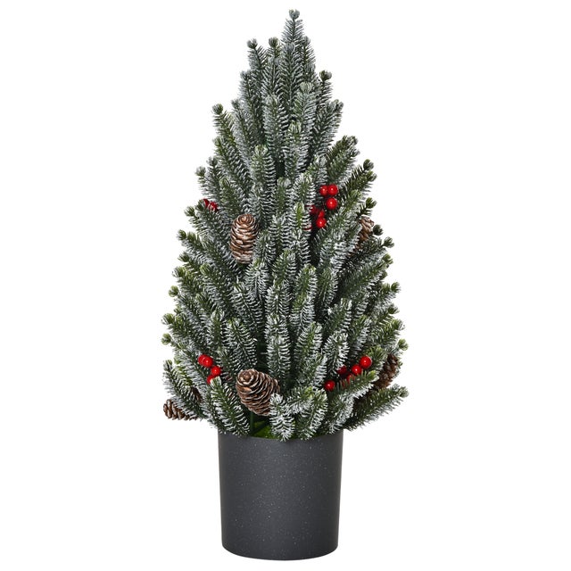 Sztuczna choinka 50 cm - śnieżna dekoracja, 170 gałązek, plastikowa podstawa, czerwone kule i szczyty, miniaturowa dekoracja stołu