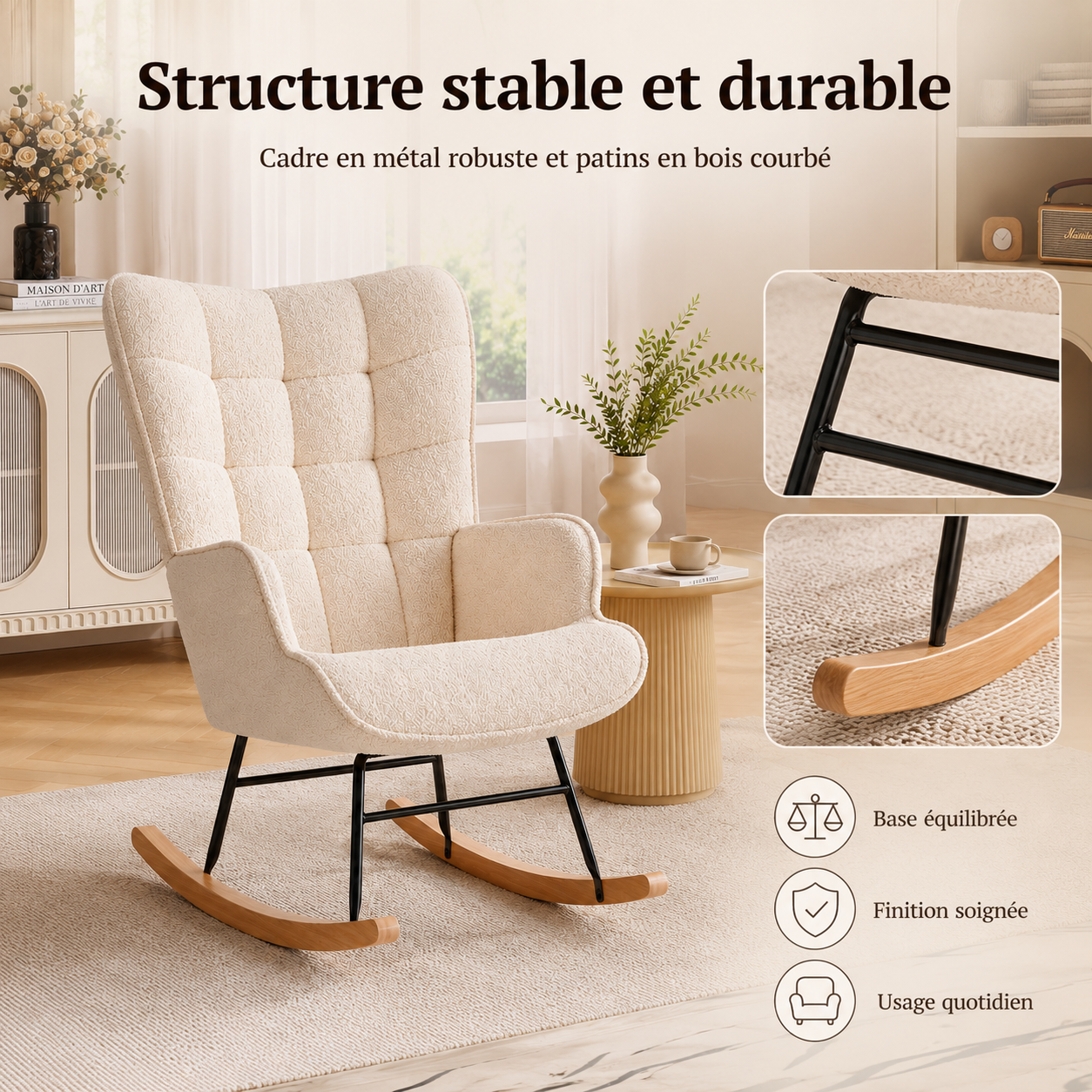 Fauteuil à Bascule, Rocking Chair, Revêtement Bouclette, Fauteuil Allaitement, Beige | Chaise à Bascule, Structure en Acier, Pieds en Bois Massif - 6