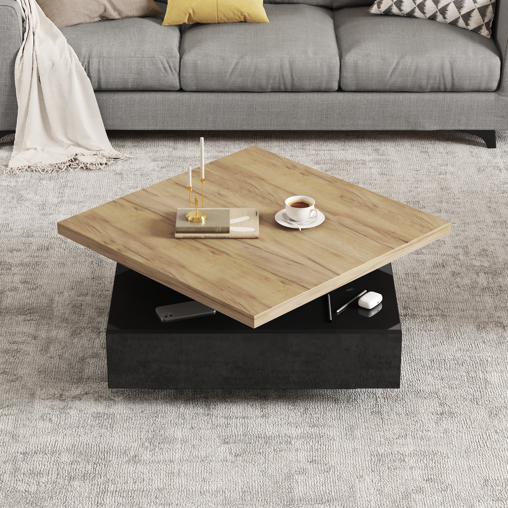 Stolik kawowy kwadratowy z obrotowym blatem i 1 szufladą - 70 x 70 x 36 cm - Płyta wiórowa - Drewno naturalne i czerń - 5