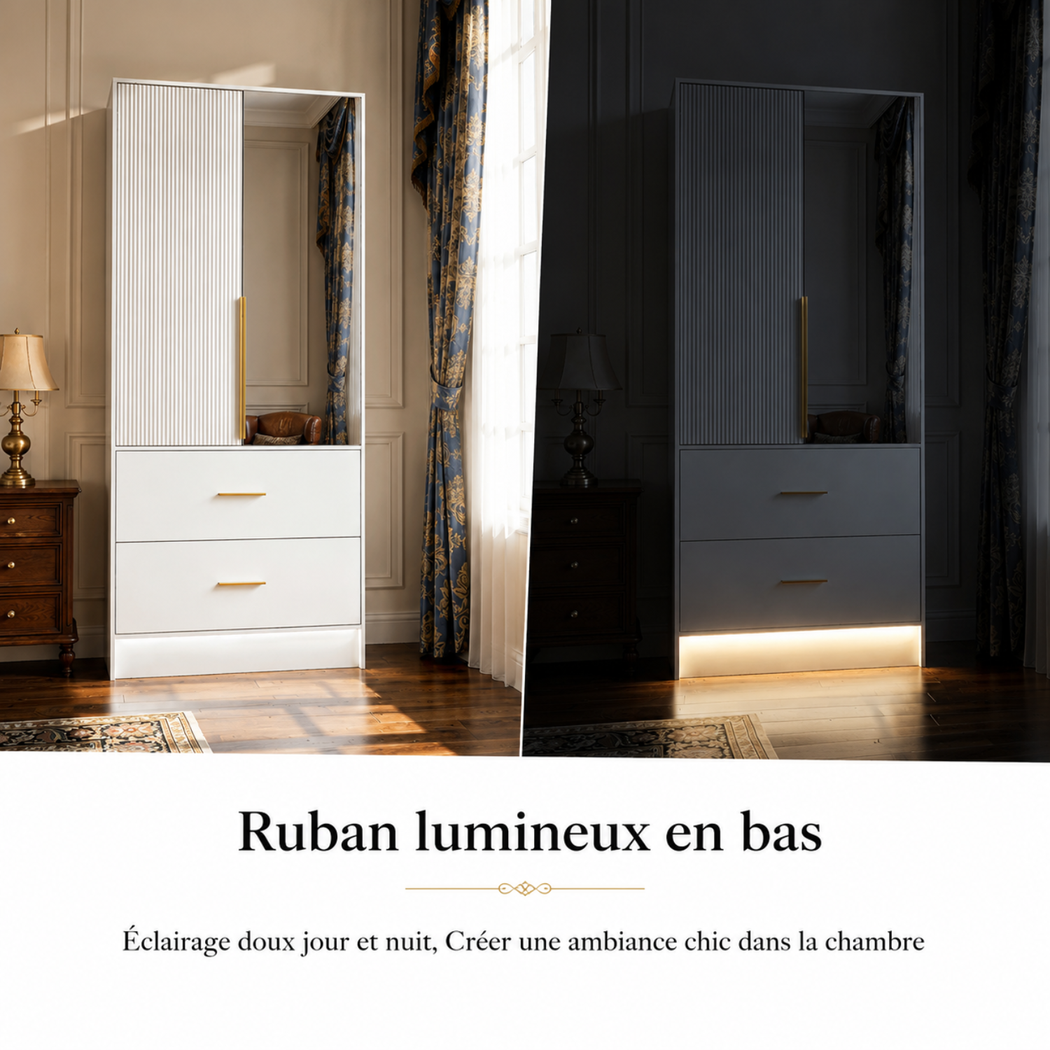Armoire miroir avec 2 portes, 2 tiroirs et penderie, Armoire à vêtement avec LED, Chambre, 75x48x170, blanc - 5