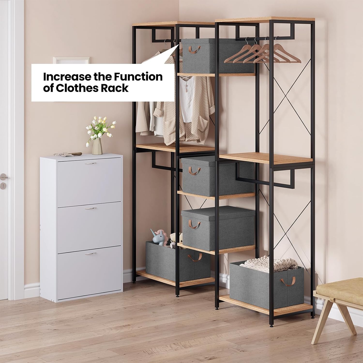 WOLTU Boîte de Rangement avec Couvercle，Lot de 6，Caisse Rangement Pliable，43x33x26cm，Coffre de Rangement en Tissu non Tissé，Gris - 5