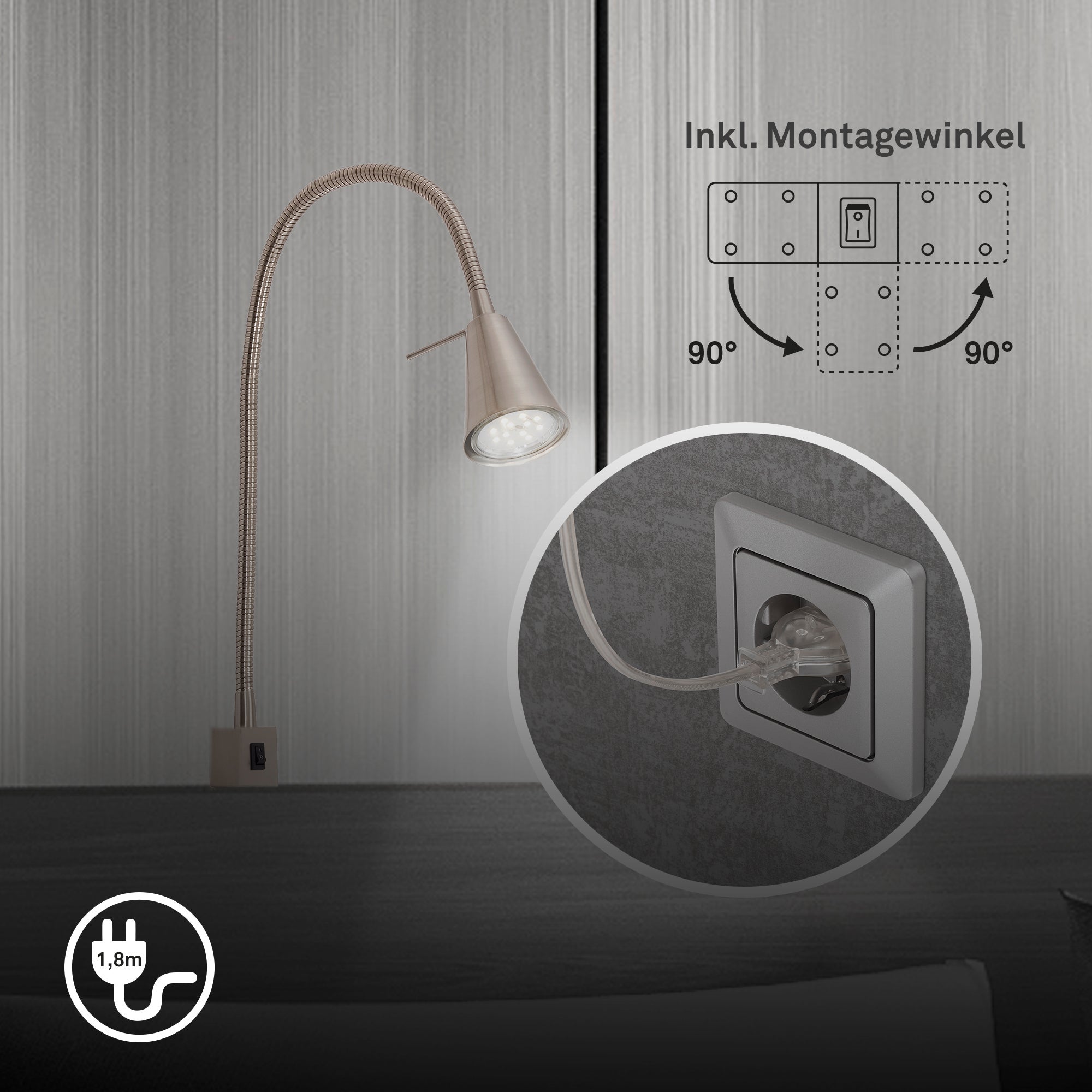 Lampe de chevet LED 1-flamme - IP20 - 403x217mm - Nickel mat - 3000K - 4,7W / 350lm - avec interrupteur et bras flexible - Briloner - 3