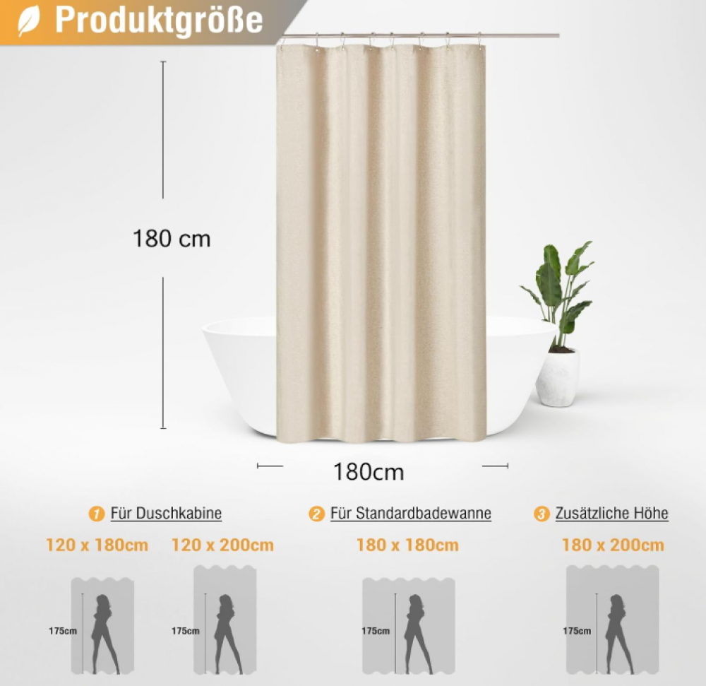 Tenda da doccia in lino con anelli in metallo, impermeabile e antimuffa, tessuto in poliestere resistente per vasca e doccia - 180 x 180 cm (beige) - 2
