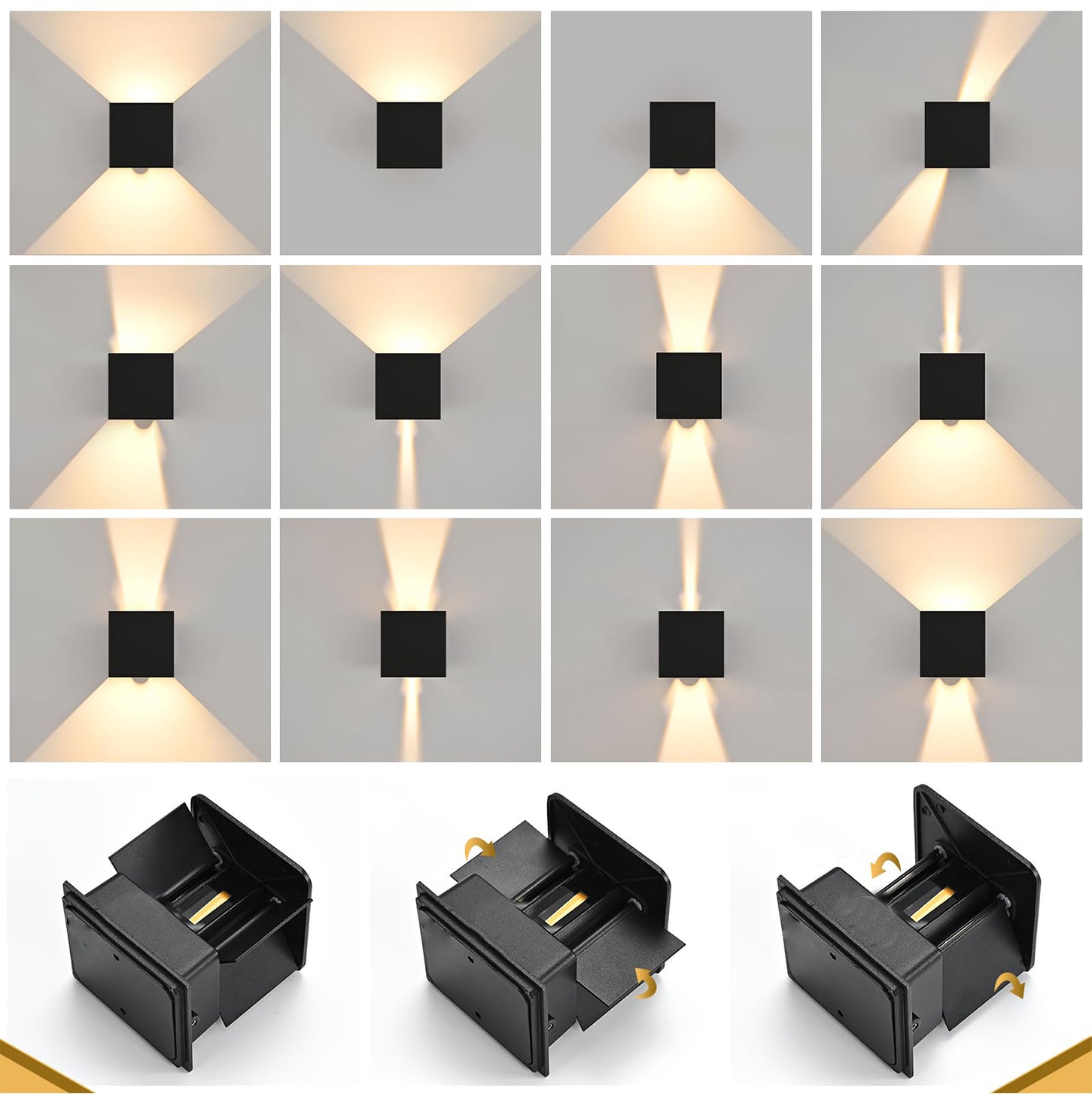 4 Pack Applique Murale Interieur/Exterieur Avec Angle de Faisceau Réglable 12W Appliques Murales LED 3000K Blanc Chaud Noire Applique - 4