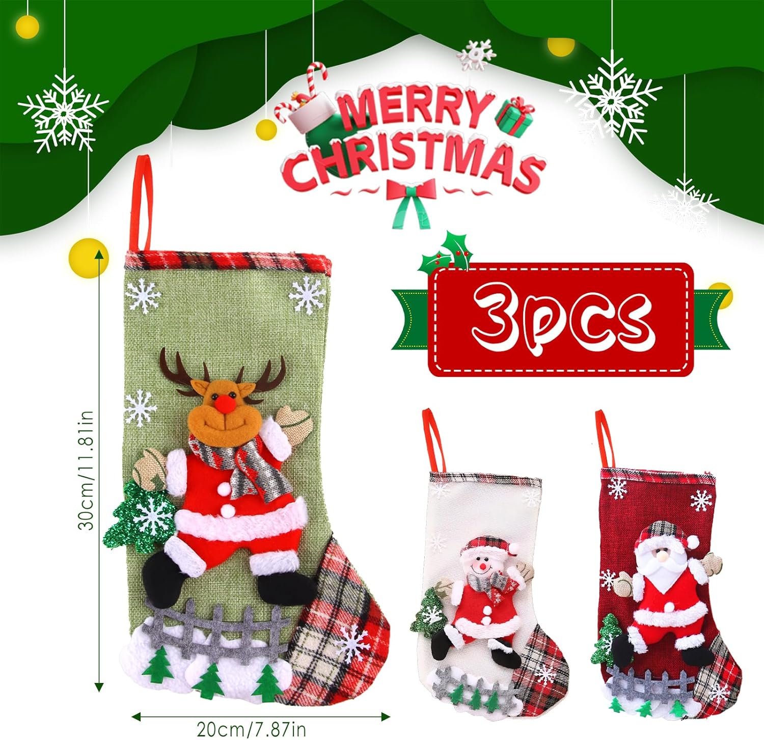 Lot De 3 Chaussettes De Noël à Suspendre - 25x17 Cm, Motifs Père Noël, Renne, Bonhomme De Neige - Décoration Cheminée, Sapin - 10