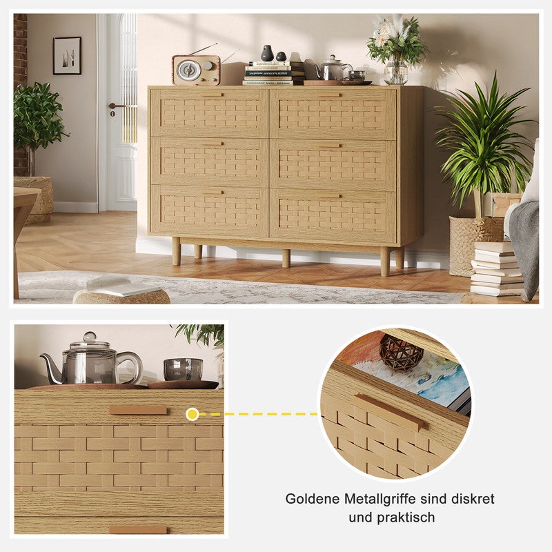 Buffet à 6 tiroirs, portes en PVC tissé, structure en bois, coloris chêne,Meuble, Meuble d'appoint, Meuble de rangement, Commode, 115 x 40 x 80 cm - 6