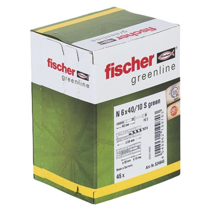 Fischer 45x Tampons à clouer N GREEN 6 x 40/10 S tête fraisée - 5... - 5