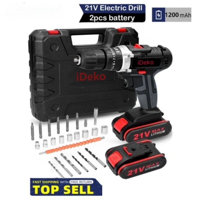 Taladro atornillador inalámbrico recargable de 21 V con 2 baterías de 12 Ah motor de escobillas de 28 nm 24 accesorios para batería Makita