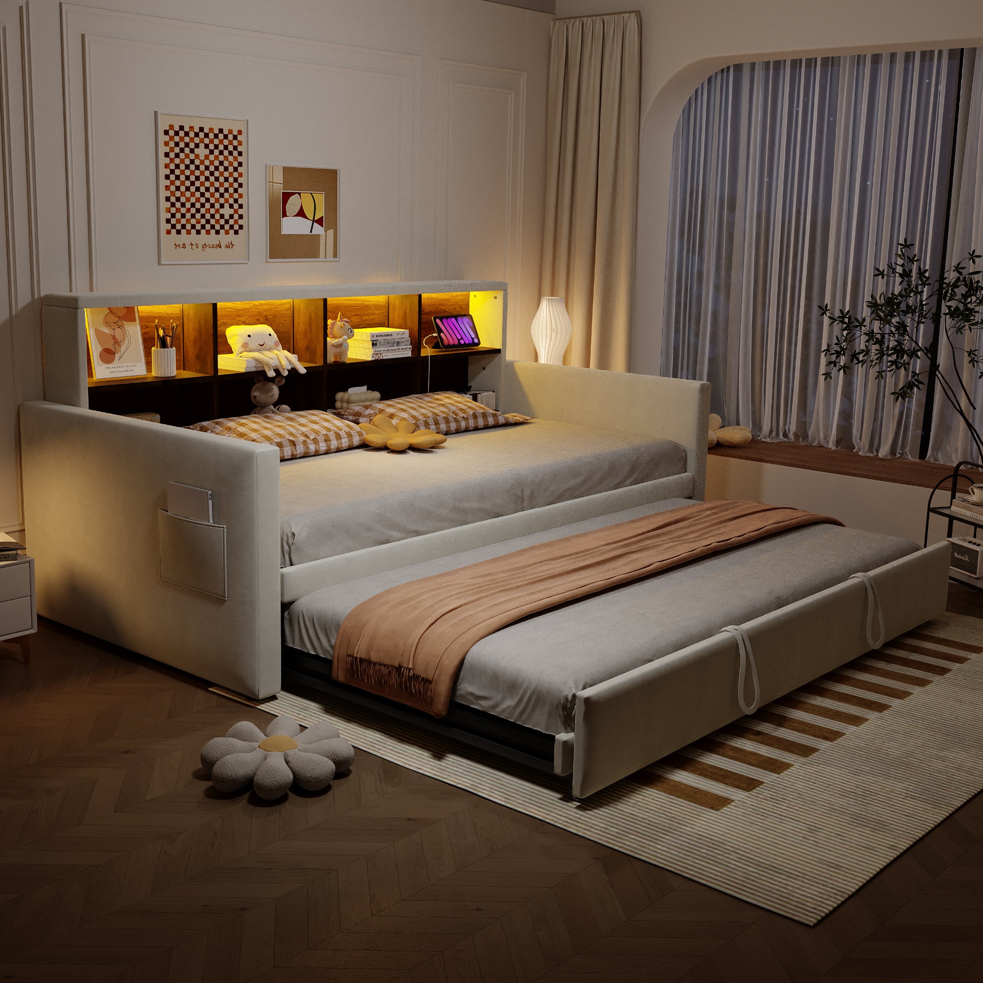 Rozkładana sofa z poduszkami 90x190cm - z oświetleniem LED - z gniazdem ładowania - z wysuwane łóżko - tkanina welurowa - beżowy - 4