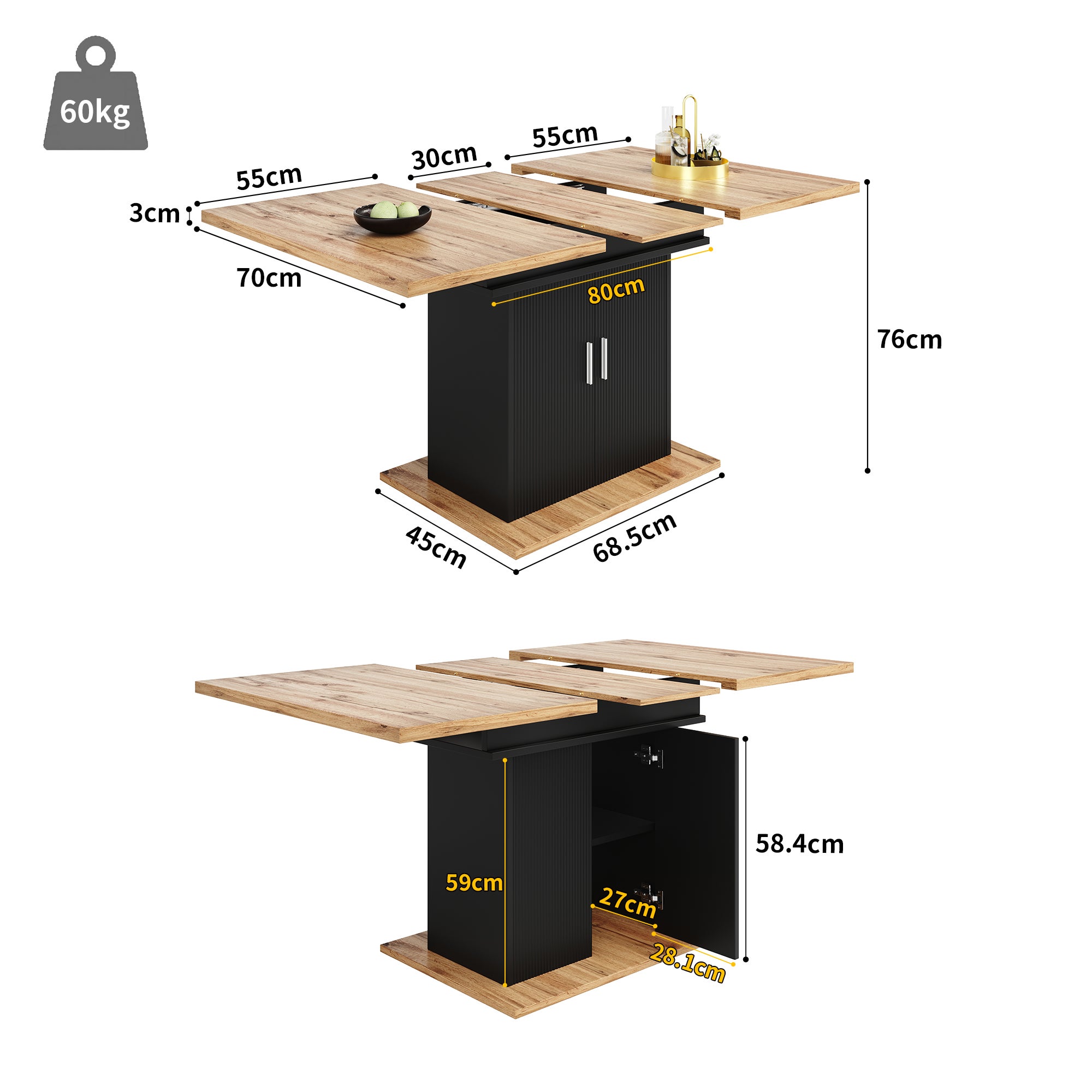 Table à manger estensible 4 à 6 couverts avec 2 portes - 110/140 x 70 x 76 cm - Bois MDF - pour cuisine et salon - Naturel - 4