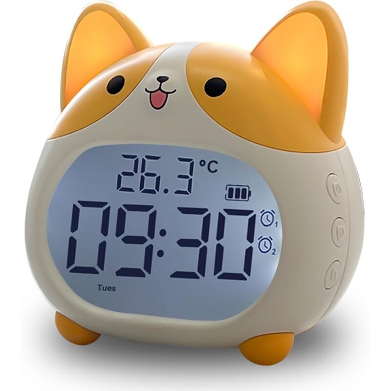 Ceas deșteptător pentru copii în formă de câine Corgi, lumină de noapte, 6 tonuri de apel, amânare, dată/temperatură