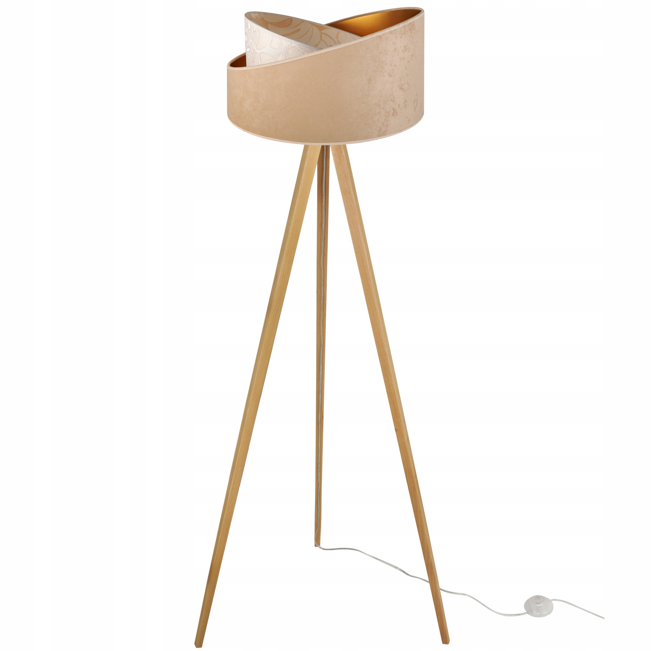 Lampa podłogowa stojąca Werona trójnóg drewno naturalny 1xE27 abażur tkanina okrągła beżowa Light Home LH