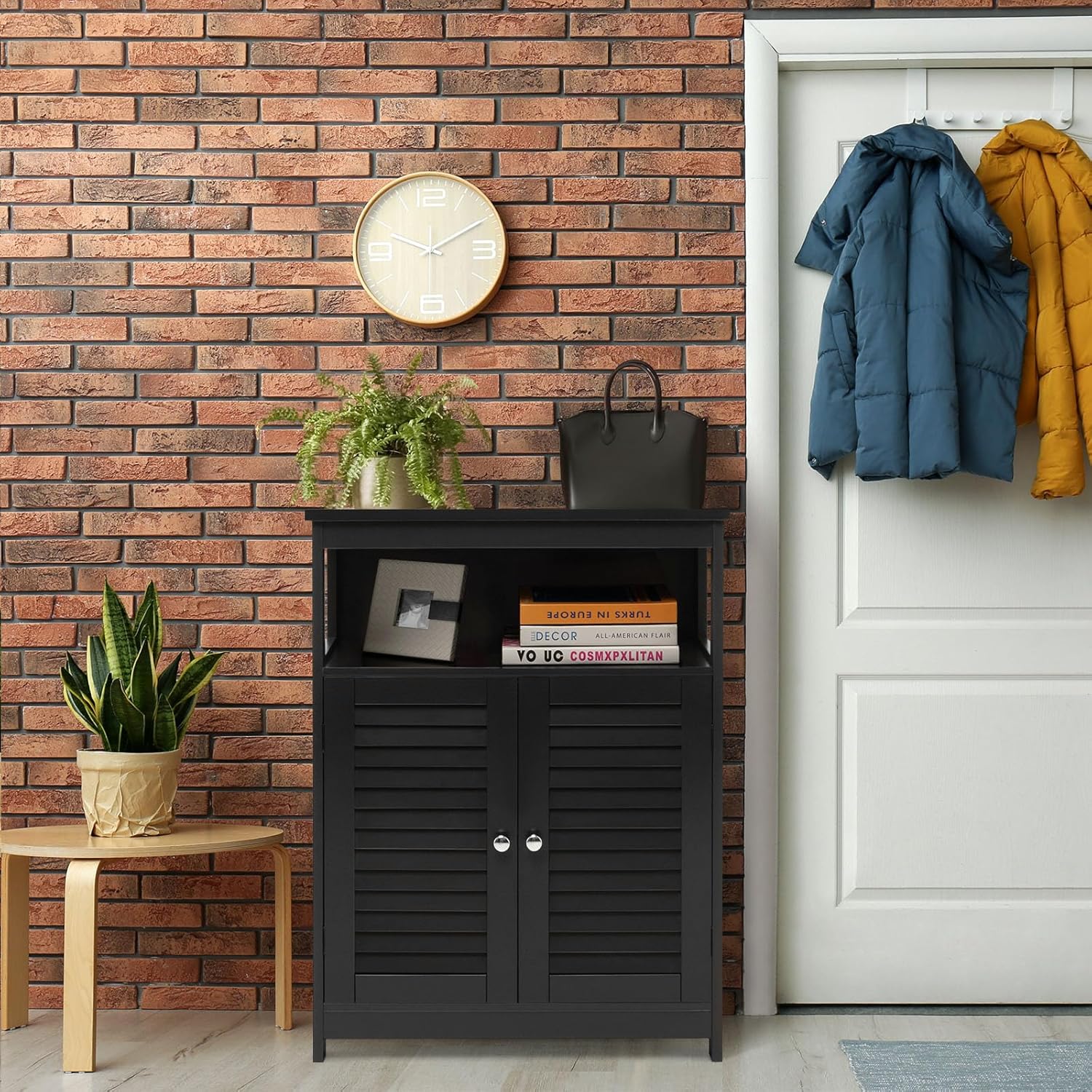 Armadietto da Bagno, Armadietto di Legno con Doppie Ante a Persiana e Mensola Regolabile, Mobile da Bagno Basso Salvaspazio per Ingresso e Cam - 4