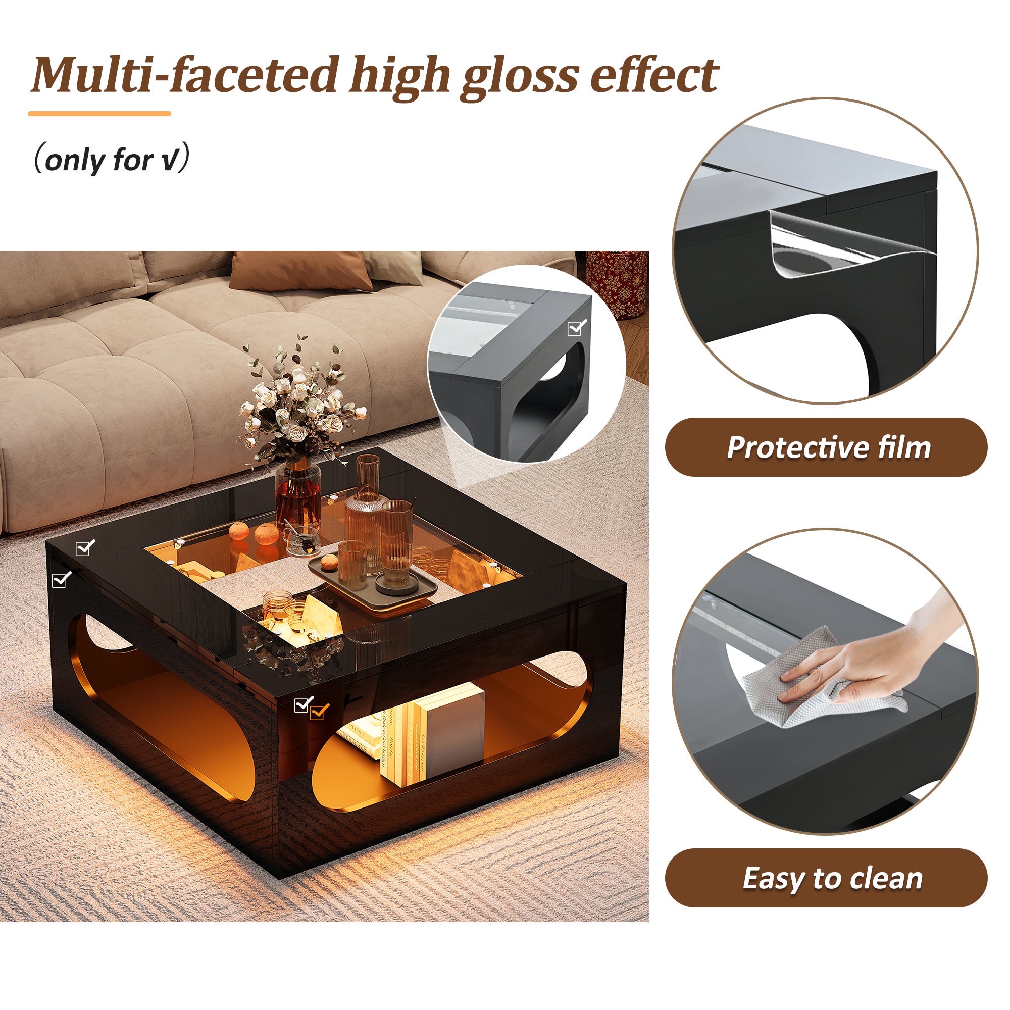 Table Basse LED Carrée 70x70x35 cm Table de Salon Noir avec Hublot de Rangement, Plateau Verre Trempé Brillant, Conception creuse - 4