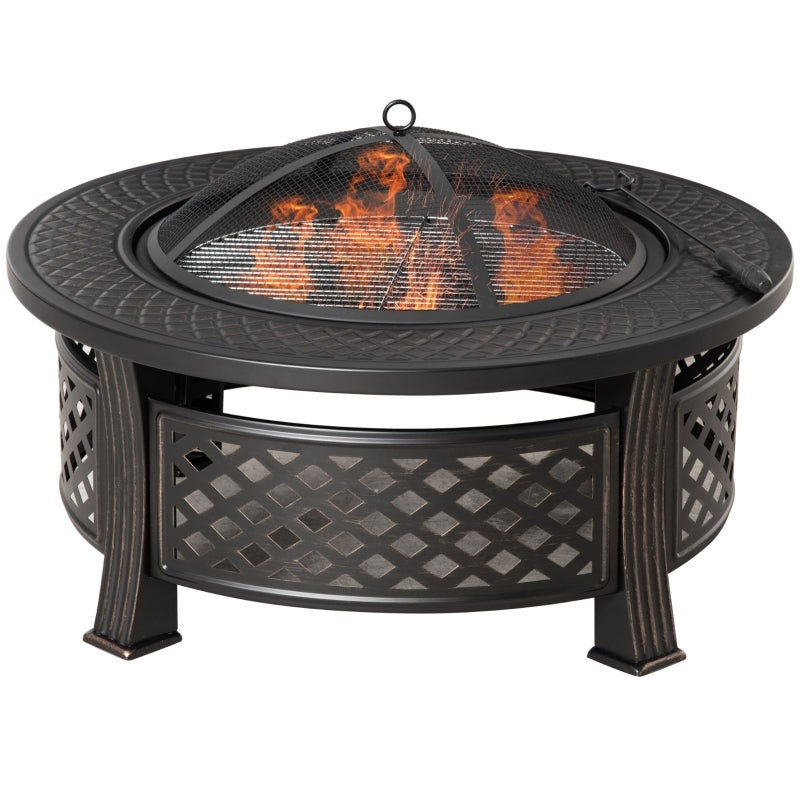 Brasero rond 81x81x50 cm en acier noir, 2-en-1 foyer extérieur et barbecue avec couvercle pare-étincelles et tisonnier - 7