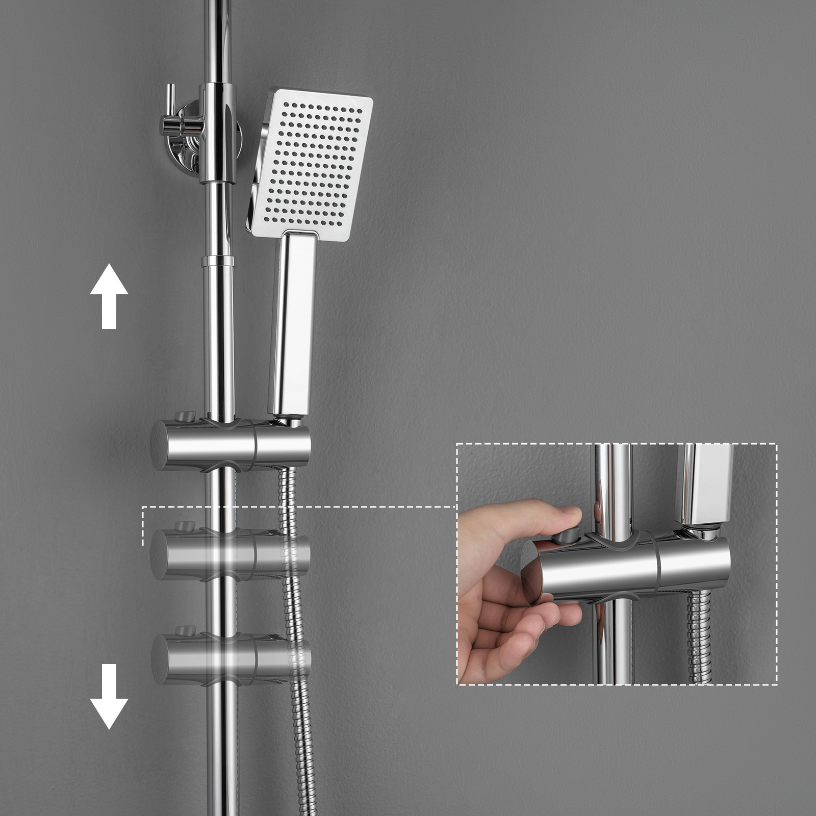Columna Ducha Mecánica, AURALUM MAX Columna Ducha Cromada,Altura Ajustable 93-130cm para Baño,Mezclador Ducha con Ducha/Ducha - 4