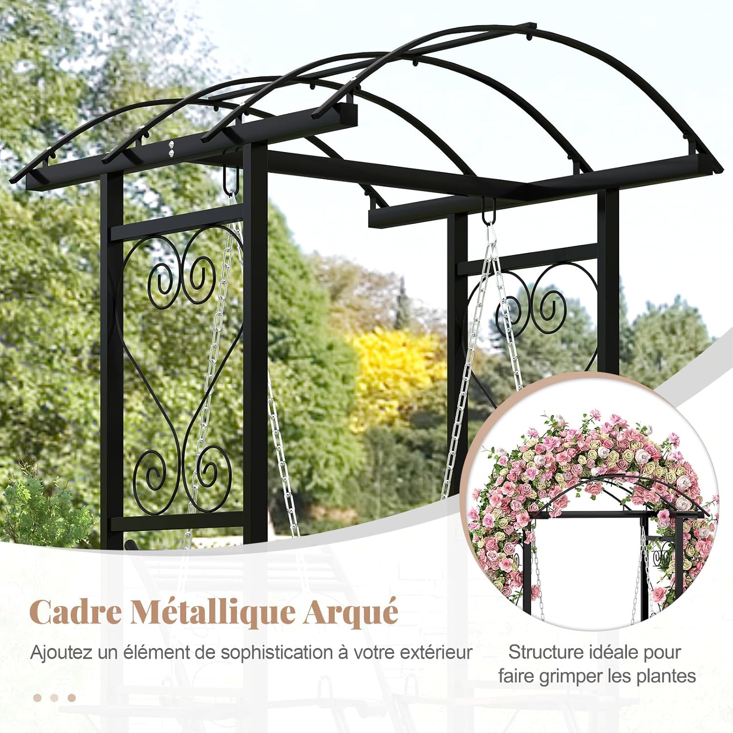 Balancelle d’Extérieur avec Support et 2 Treillis pour Adultes, Chaise de Balcon avec Coussins Amovibles et Tables Latérales pour Jardin, Balcon - 3