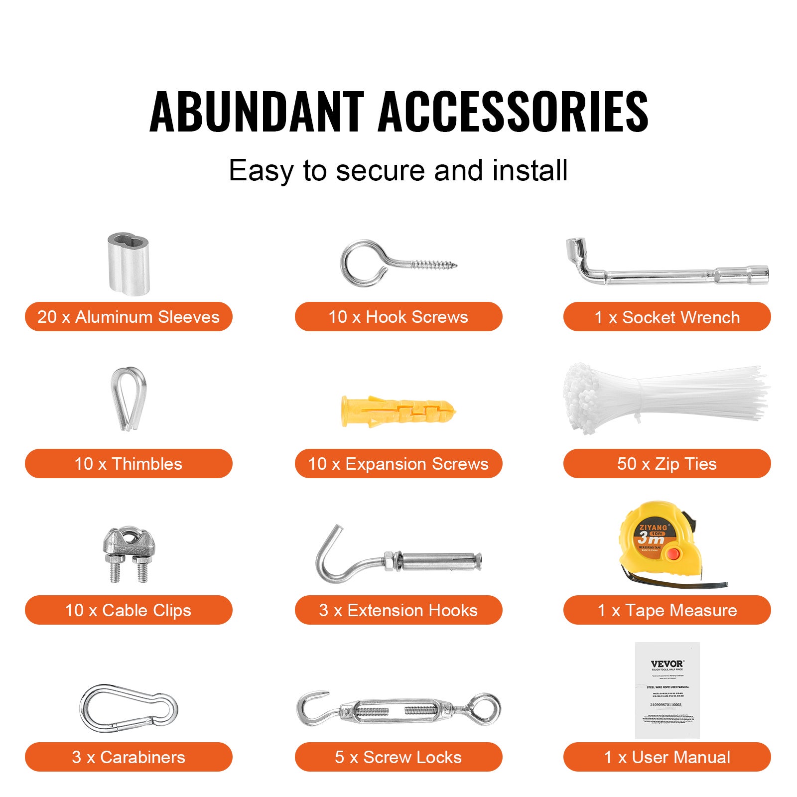 Câble Acier Inoxydable VEVOR 3,18 mm x 30,5 m 7x7 Aéronautique,Résistance 7,1 kN,avec Accessoires,pour Garde-corps,Rampe Escalier,Clôture - 6