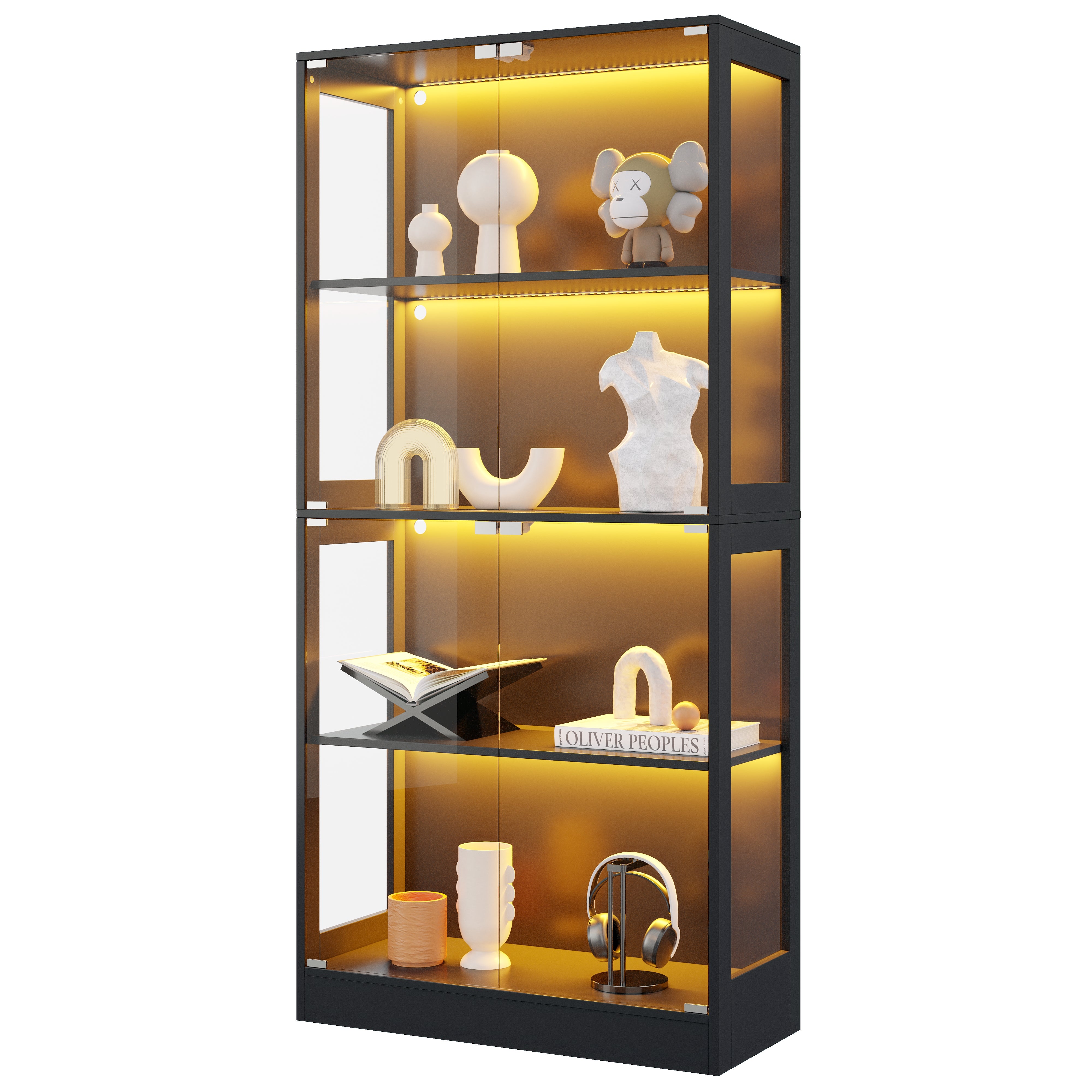 Witryna z 4 drzwiami - 80 x 35 x 170 cm - Płyta MDF i szkło - Uchwyty metalowe - Oświetlenie LED sterowane za pomocą aplikacji - Czarny - 5
