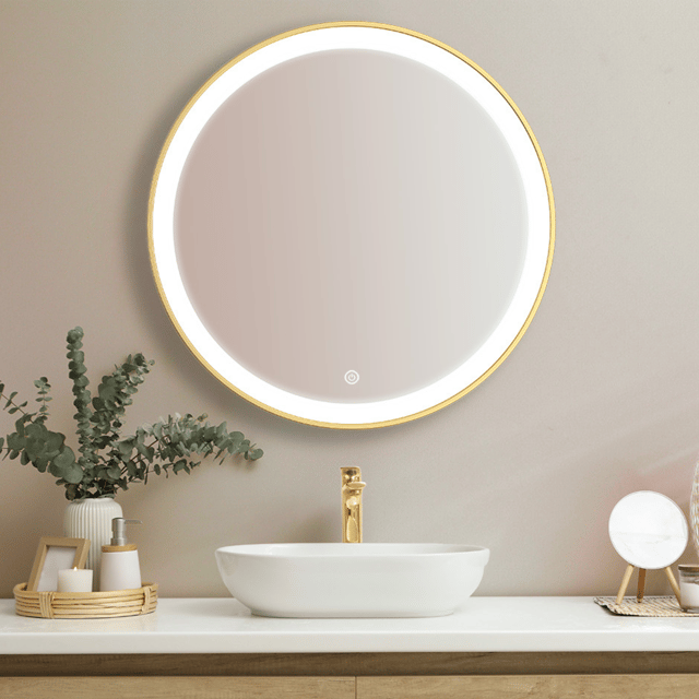 Espejo de baño con luz LED 70 cm dorado, redondo, antivaho, 3 colores dimmable - LOMAZOO Miami