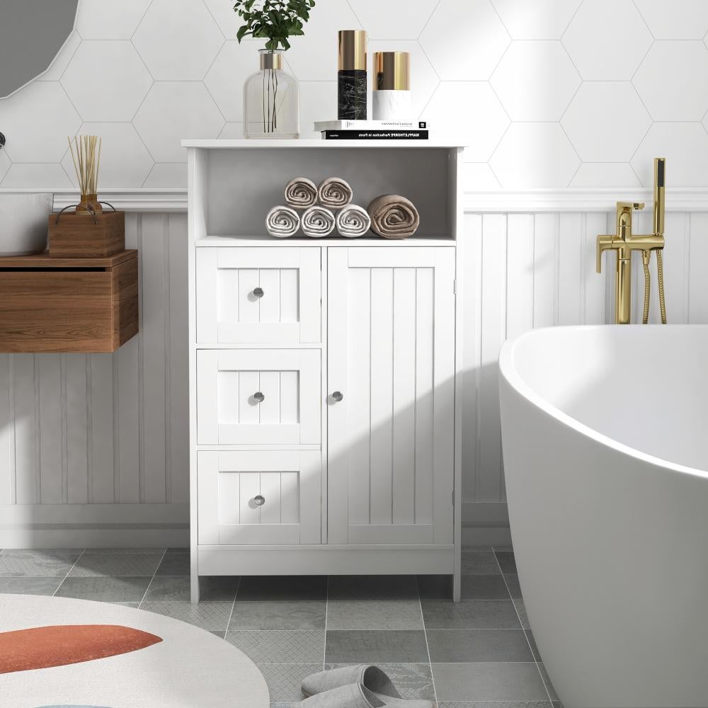 Biała szafka do przechowywania z 3 szufladami i drzwiami-E1 MDF Furniture,elegancka i stabilna konstrukcja do łazienki,kuchni lub salonu,łatwa montażu
