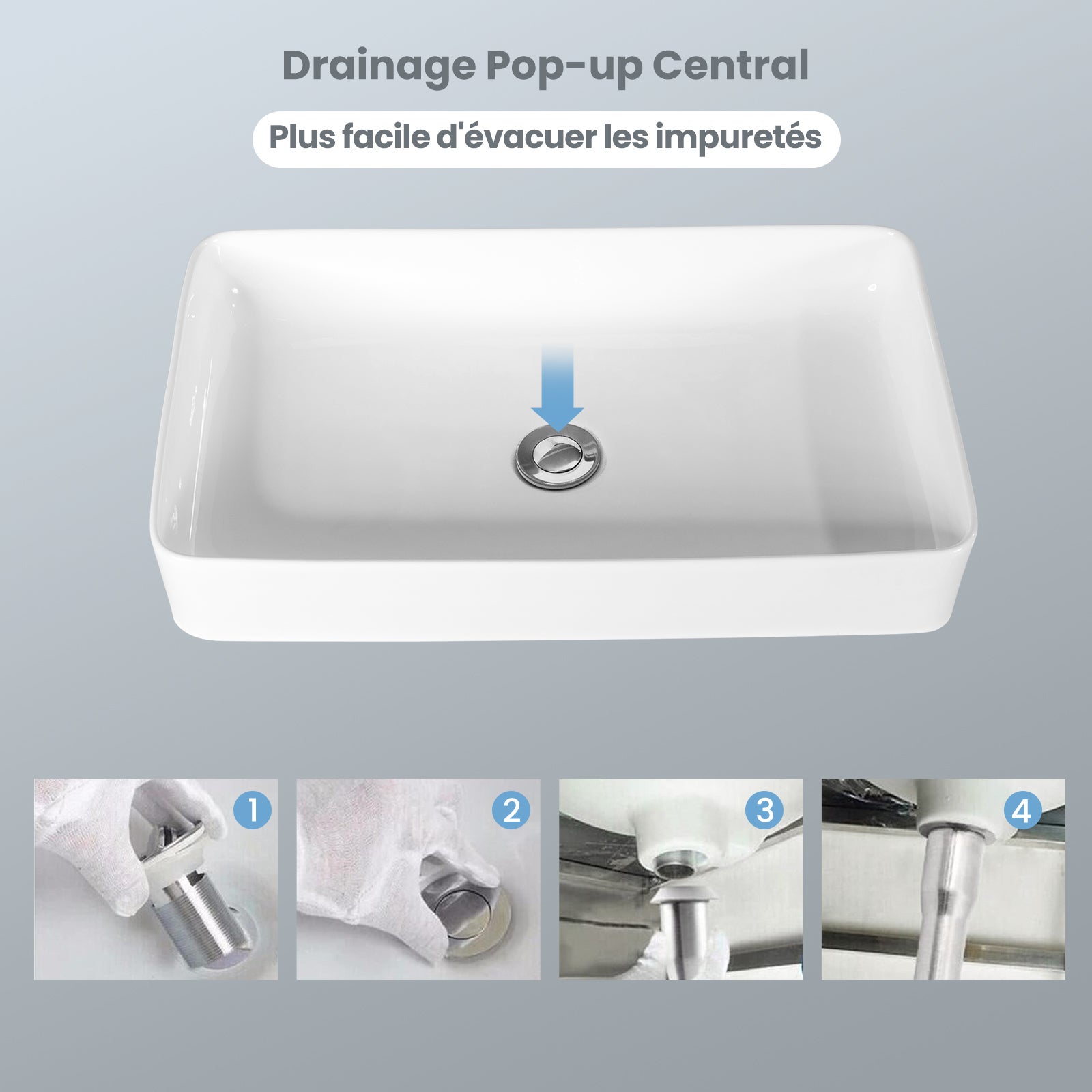 Lavabo Vasque en Céramique Rectangulaire avec Vidange Pop-up, Vasque à Poser Blanc 60 x 35 x 11 CM Style Moderne pour Salle de Bain - 4