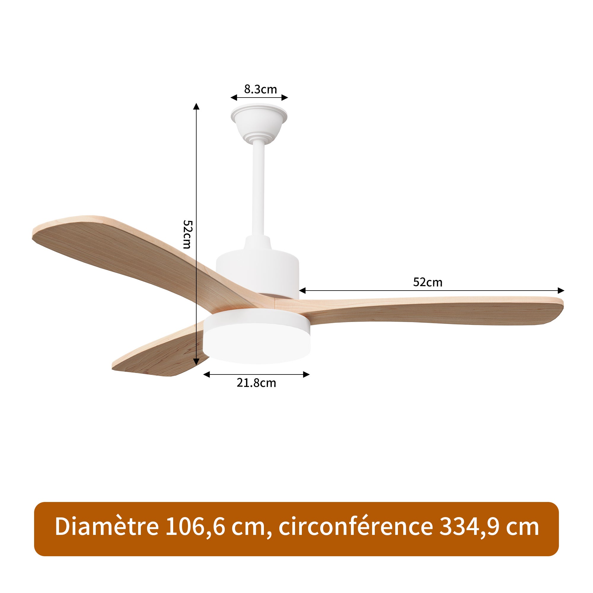 Ventilateur de plafond 2-en-1 couleur bois naturel avec éclairage LED (modèle à 3 pales de 42 pouces en bois massif), L106.6cm - 4