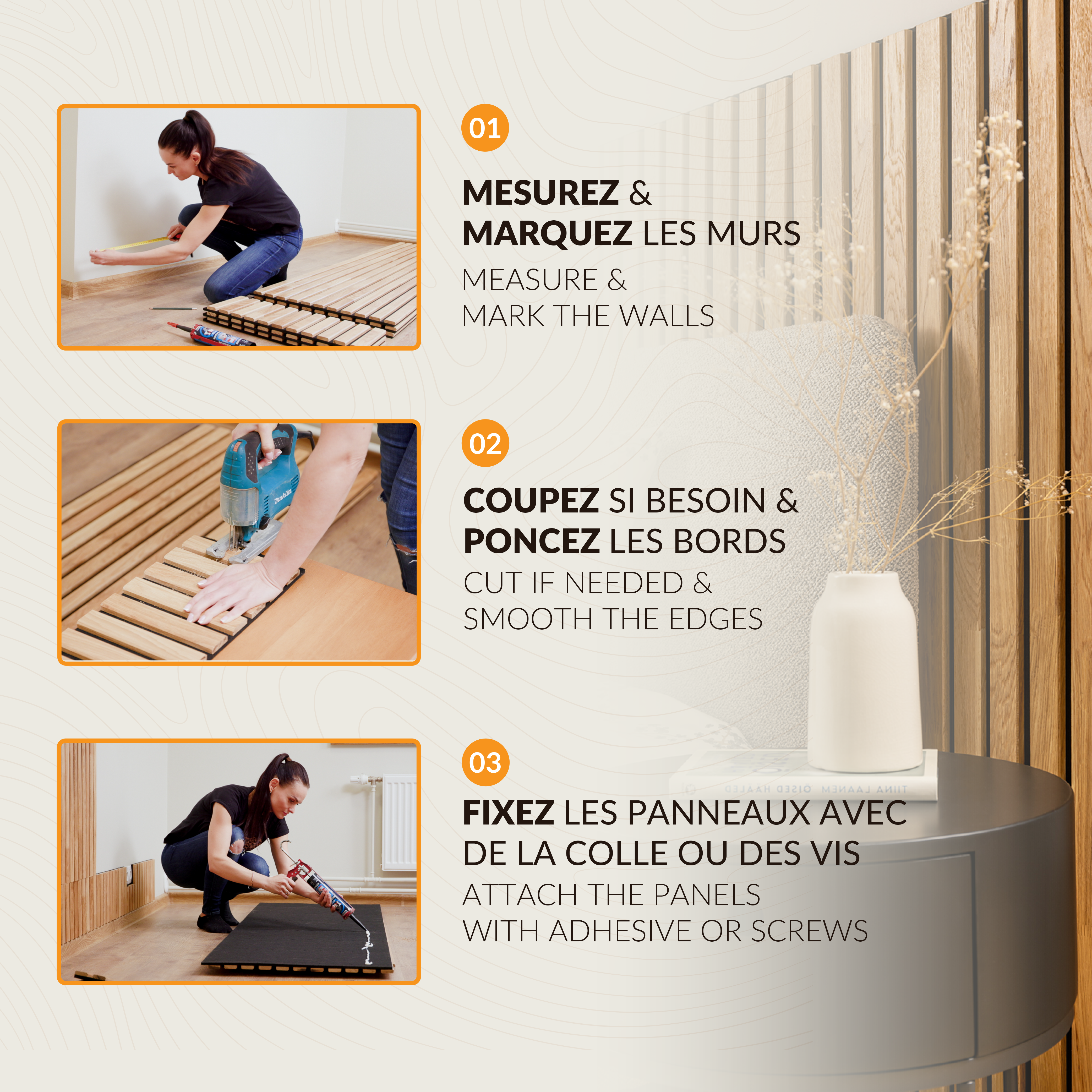 Lot de 2 Panneau Tasseau Acoustique en Bois - Bois de Bouleau Massif - 2400x600mm - Lattes 40mm, Support en Feutre Noir - 6