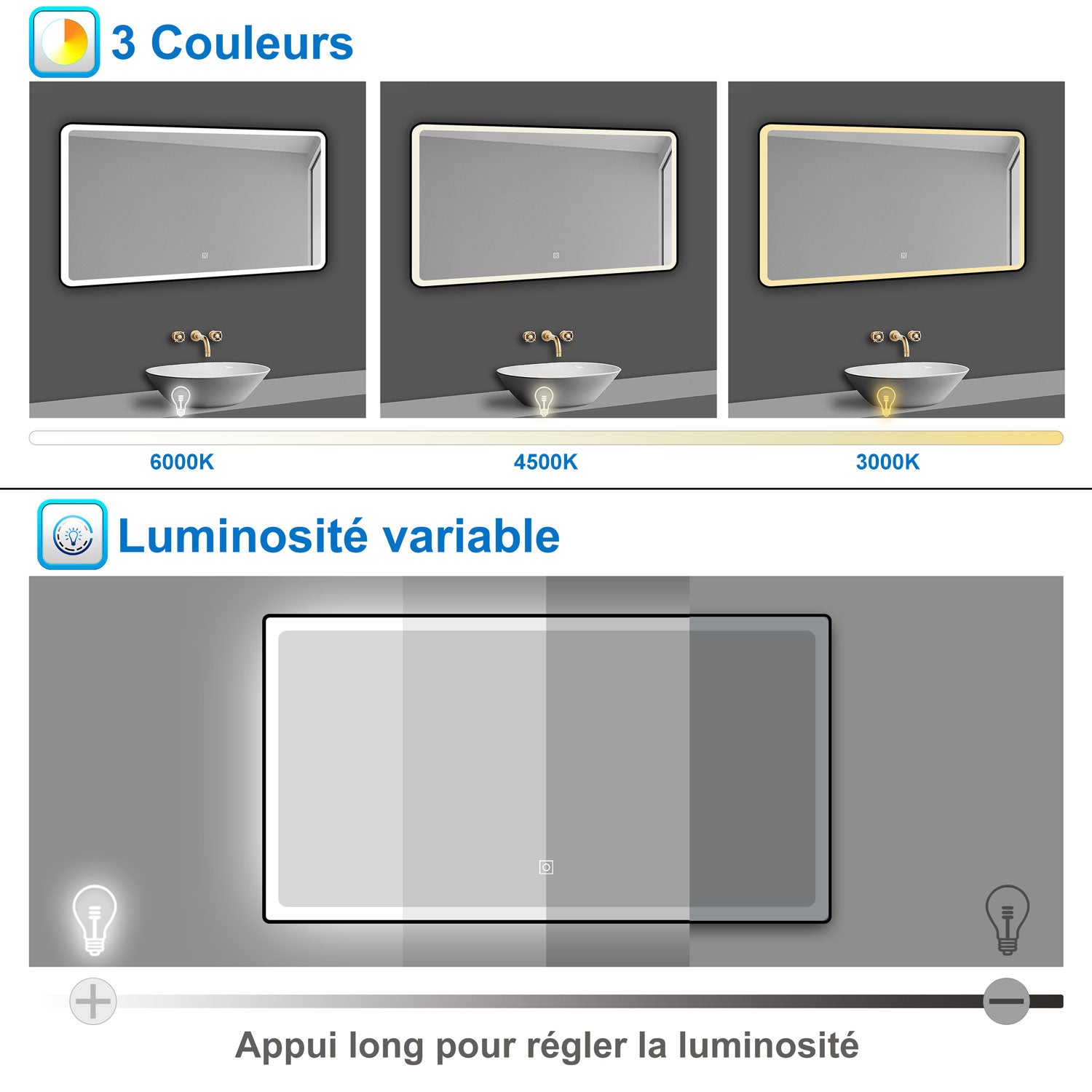 AICA Miroir lumineux 80 x 60cm avec 3 couleurs + dimmable + anti-buée + mémoire, miroir salle de bain led - 3