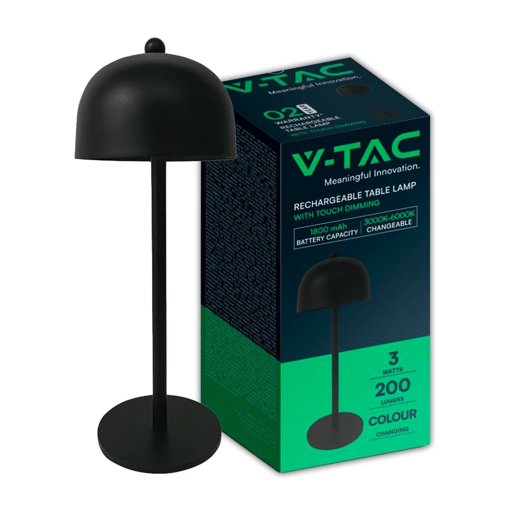 Lampa stołowa LED 3 W z baterią 1800 mAh, ładowalna przez USB-C, czarna, metalowa, dotykowa, ściemnialna, 3 w 1