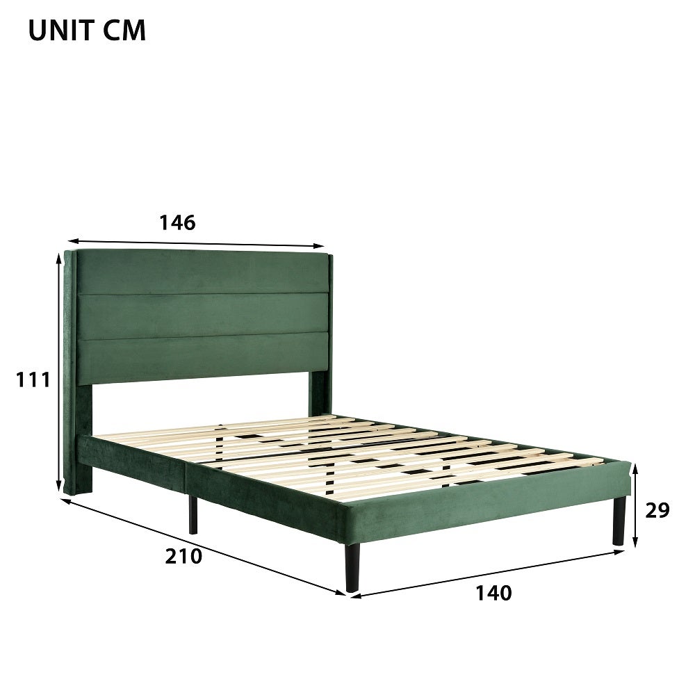 Lit adulte Lit simple capitonné en velours 140 x 200 cm - avec sommier à lattes et tête de lit, lit adulte style scandinave - Vert Lit rembourré - 2
