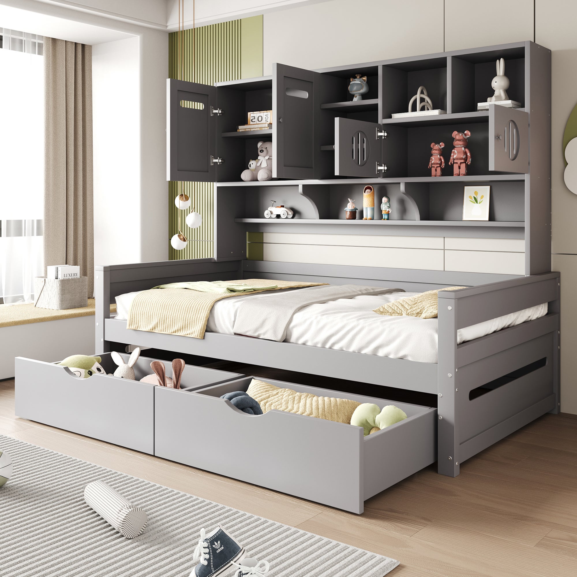 Lit 90x200 cm z poduszką i szufladami do przechowywania - Srebrzyste drewno sosny - Wielofunkcyjne stacje magazynujące - Kompaktowy design szary